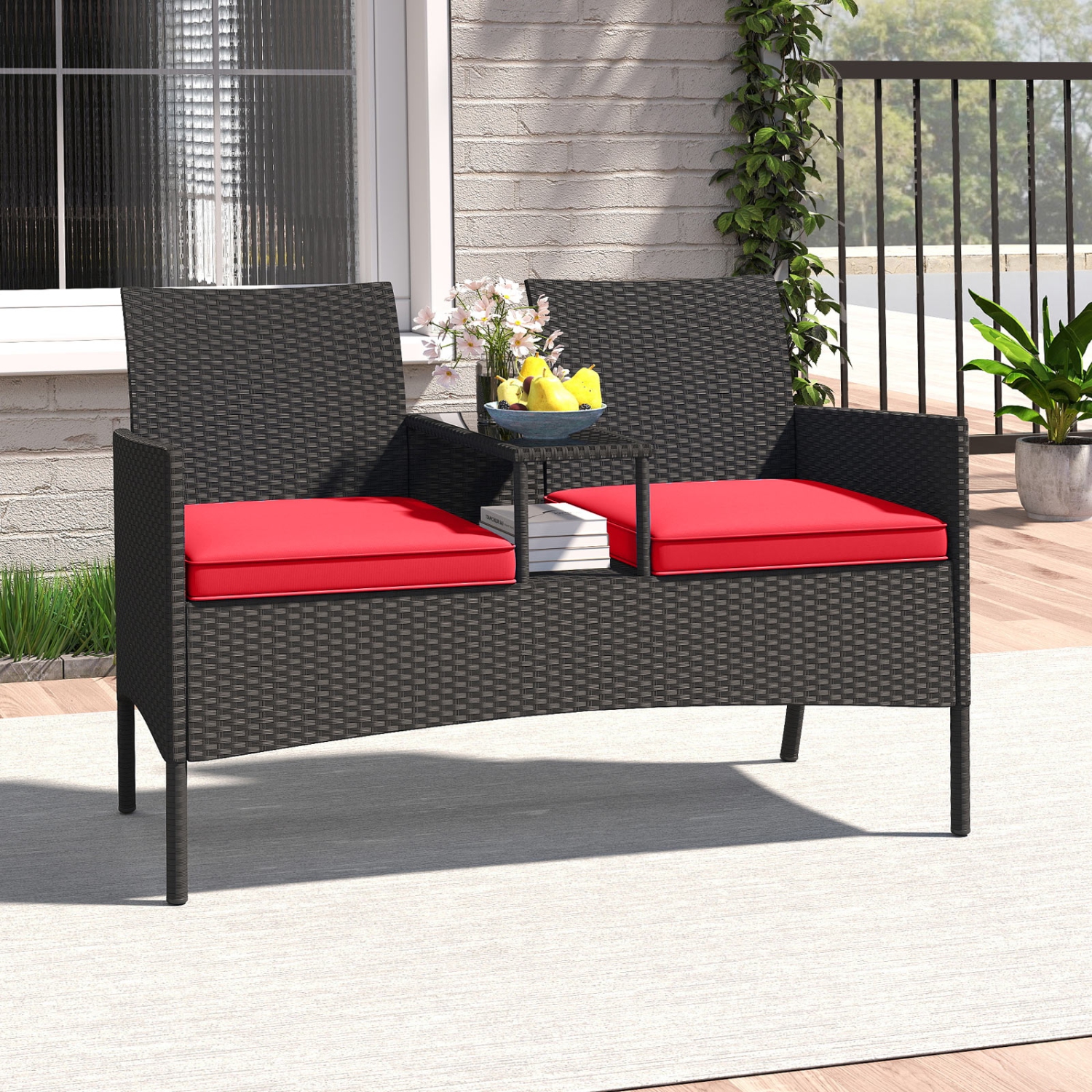 Gymax Patio Loveseat w/ Built-in Table Soft Cushions & Tempered Glass Tabletop Outdoor