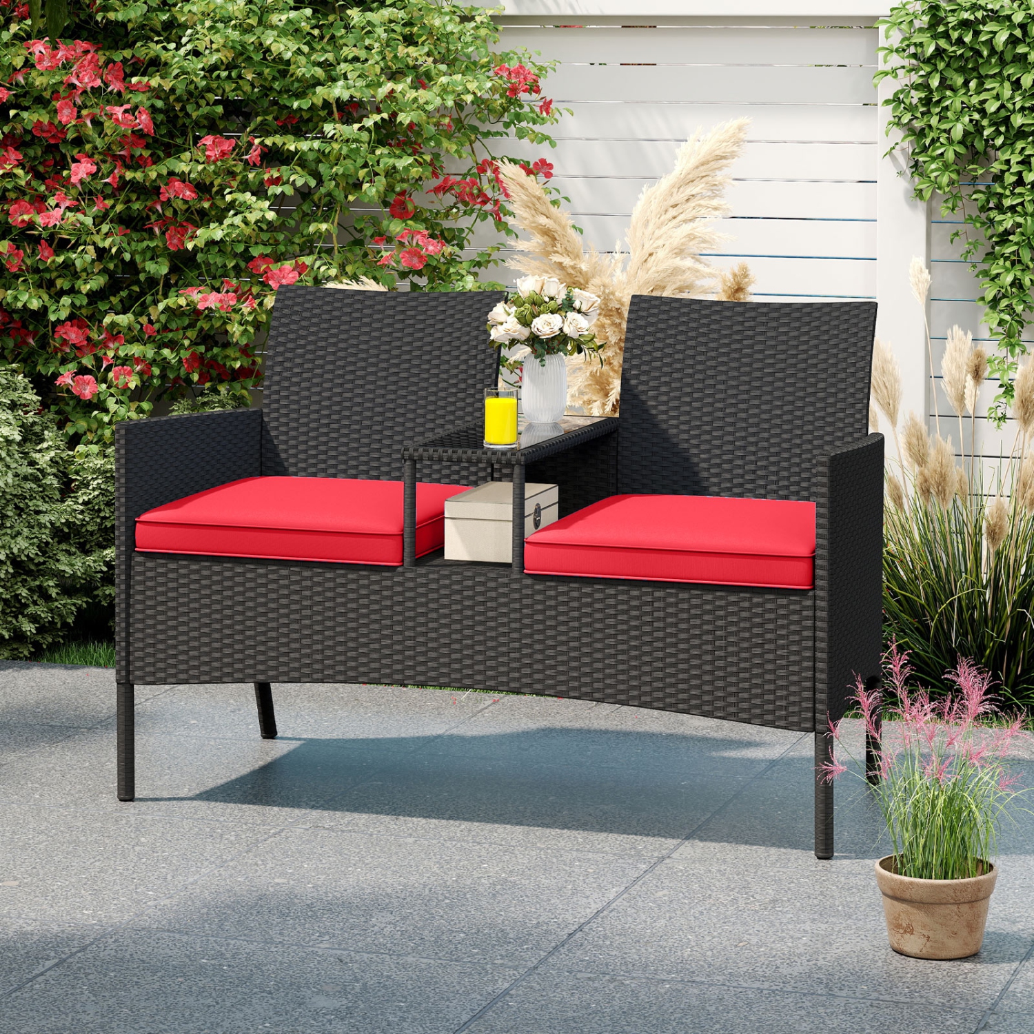 Gymax Patio Loveseat w/ Built-in Table Soft Cushions & Tempered Glass Tabletop Outdoor