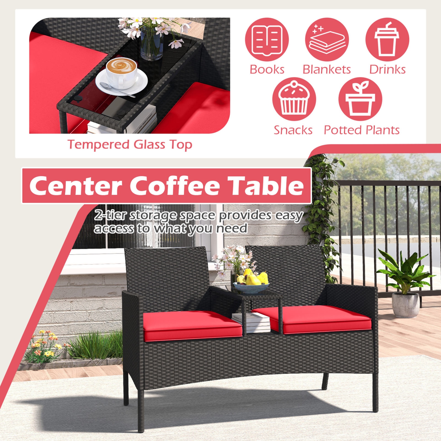 Gymax Patio Loveseat w/ Built-in Table Soft Cushions & Tempered Glass Tabletop Outdoor