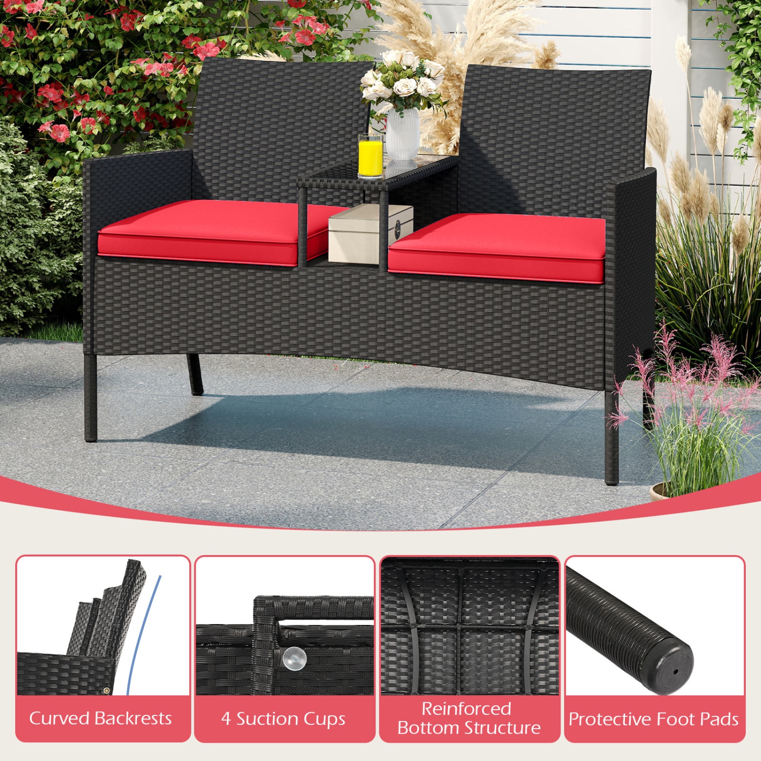 Gymax Patio Loveseat w/ Built-in Table Soft Cushions & Tempered Glass Tabletop Outdoor