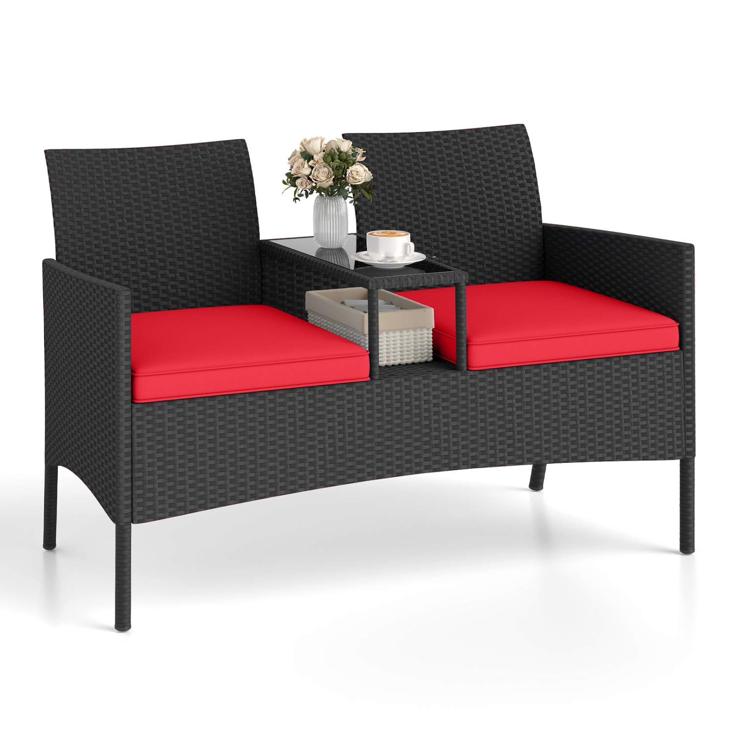 Gymax Patio Loveseat w/ Built-in Table Soft Cushions & Tempered Glass Tabletop Outdoor