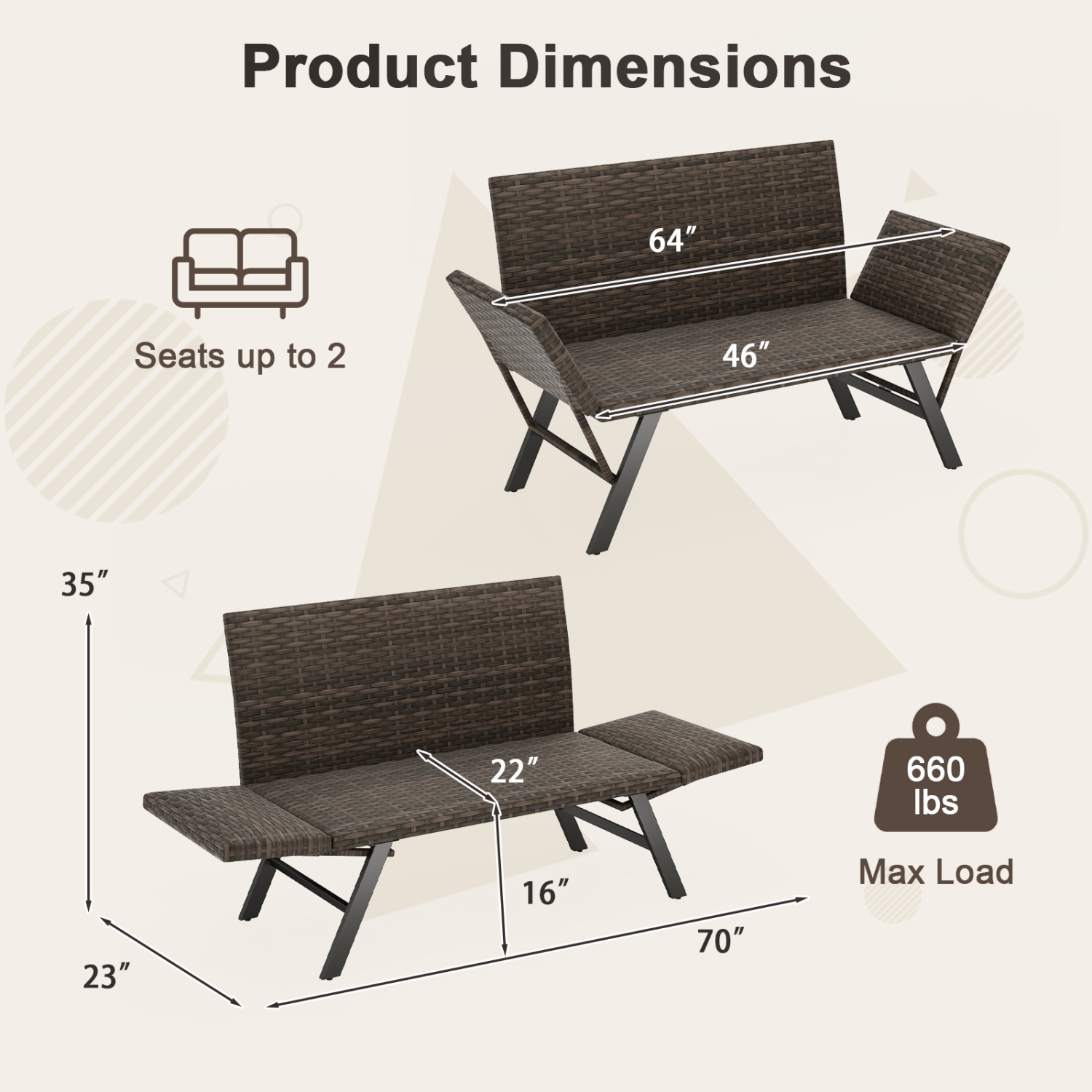 Gymax Patio Convertible Sofa for 2 w/ Adjustable Armrests Metal Frame Wicker Couch Outdoor