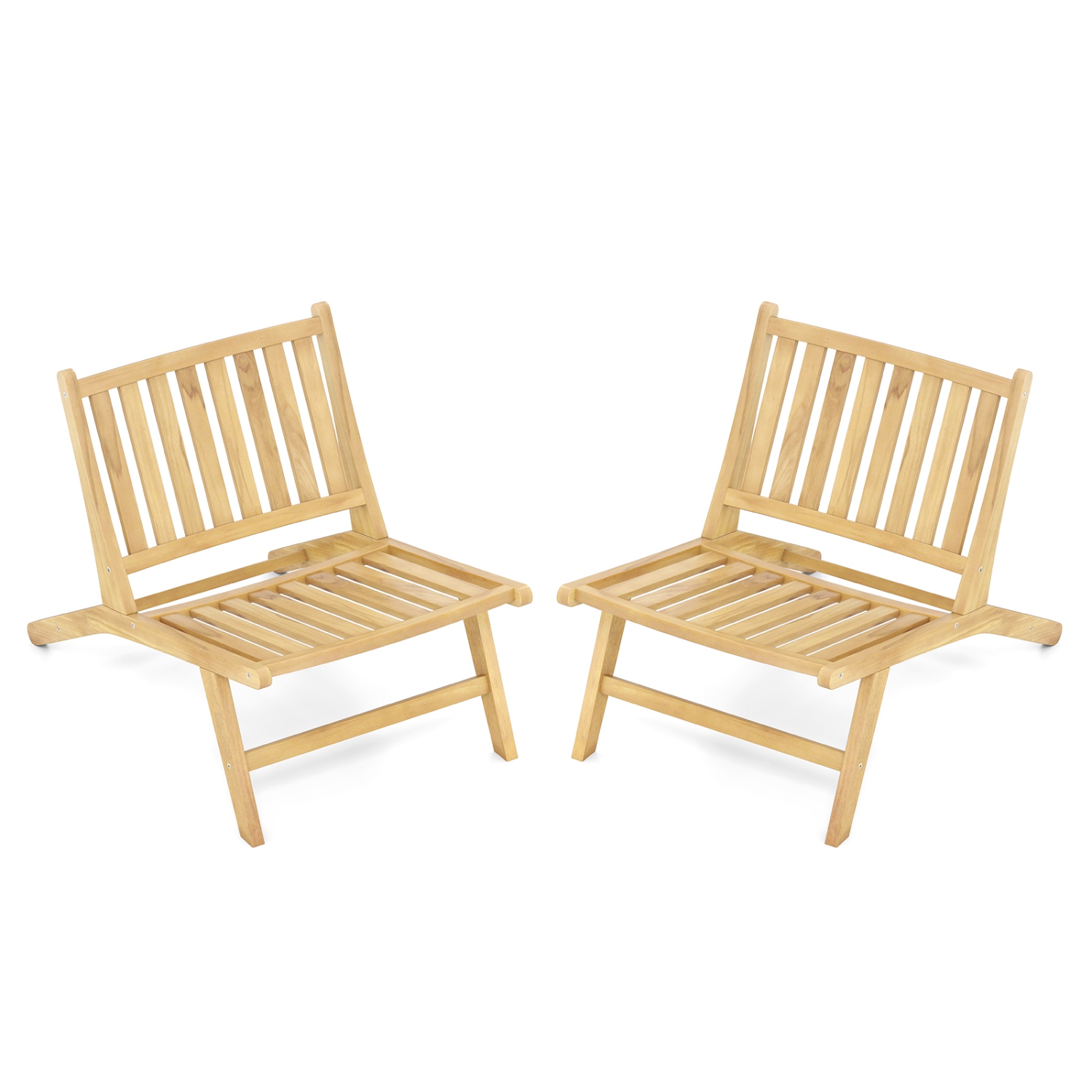 Gymax 2PCS Teak Wood Outdoor Reclining Chair Natural Mid Century Accent Chair w/ Backrest