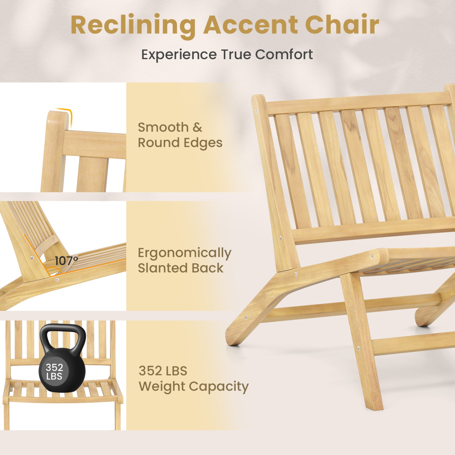 Gymax 2PCS Teak Wood Outdoor Reclining Chair Natural Mid Century Accent Chair w/ Backrest