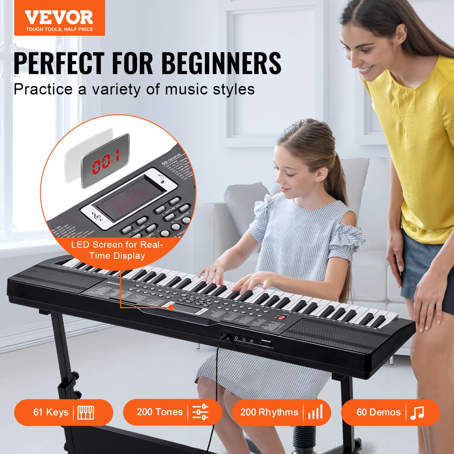 Clavier numérique VEVOR à 61 touches, 200 tonalités, 200 rythmes, 60 chansons de démonstration, Portable, avec deux haut-parleurs, écouteurs et