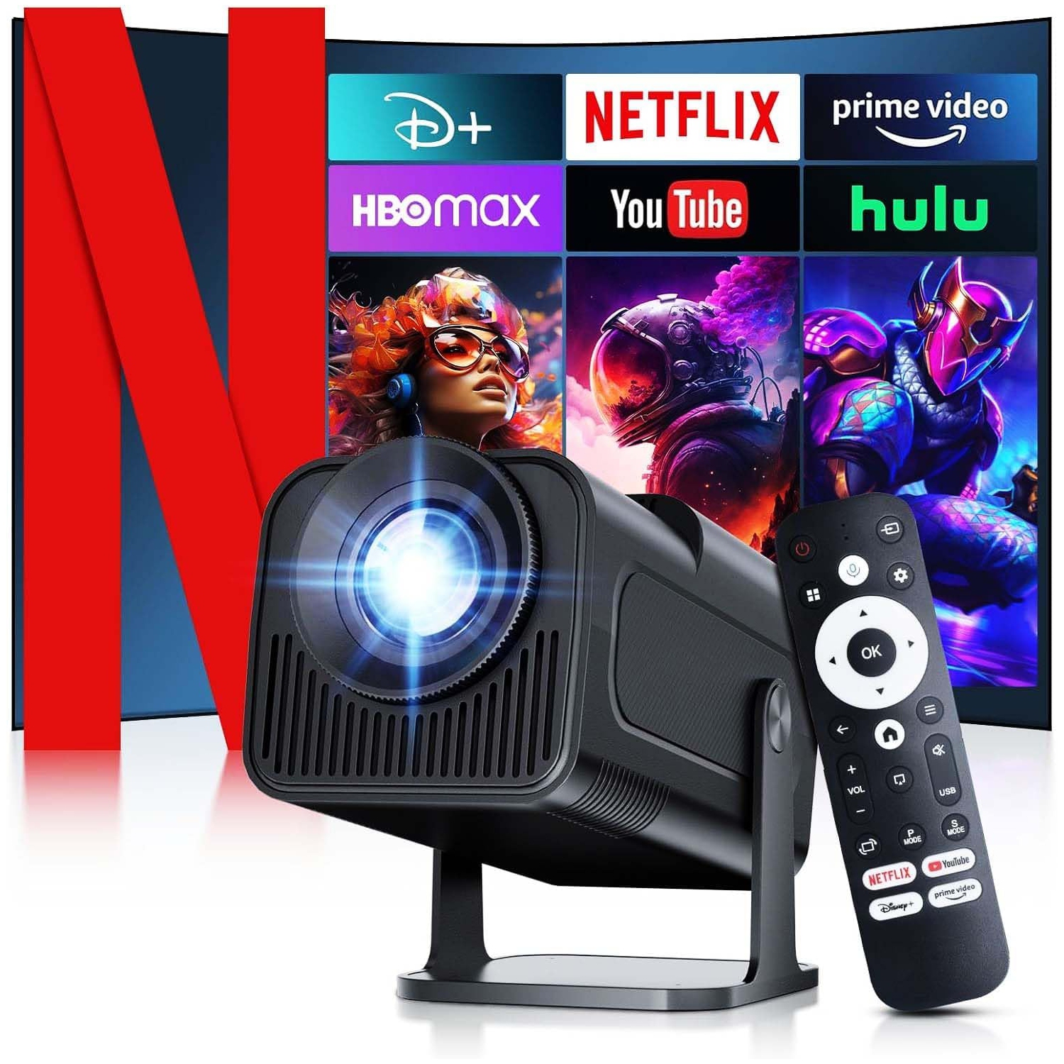 GoodLuck Tech 4K Smart Projector: Android 13, WiFi, Bluetooth, Auto Keystone, Built-in Apps, 1080P Mini Portable