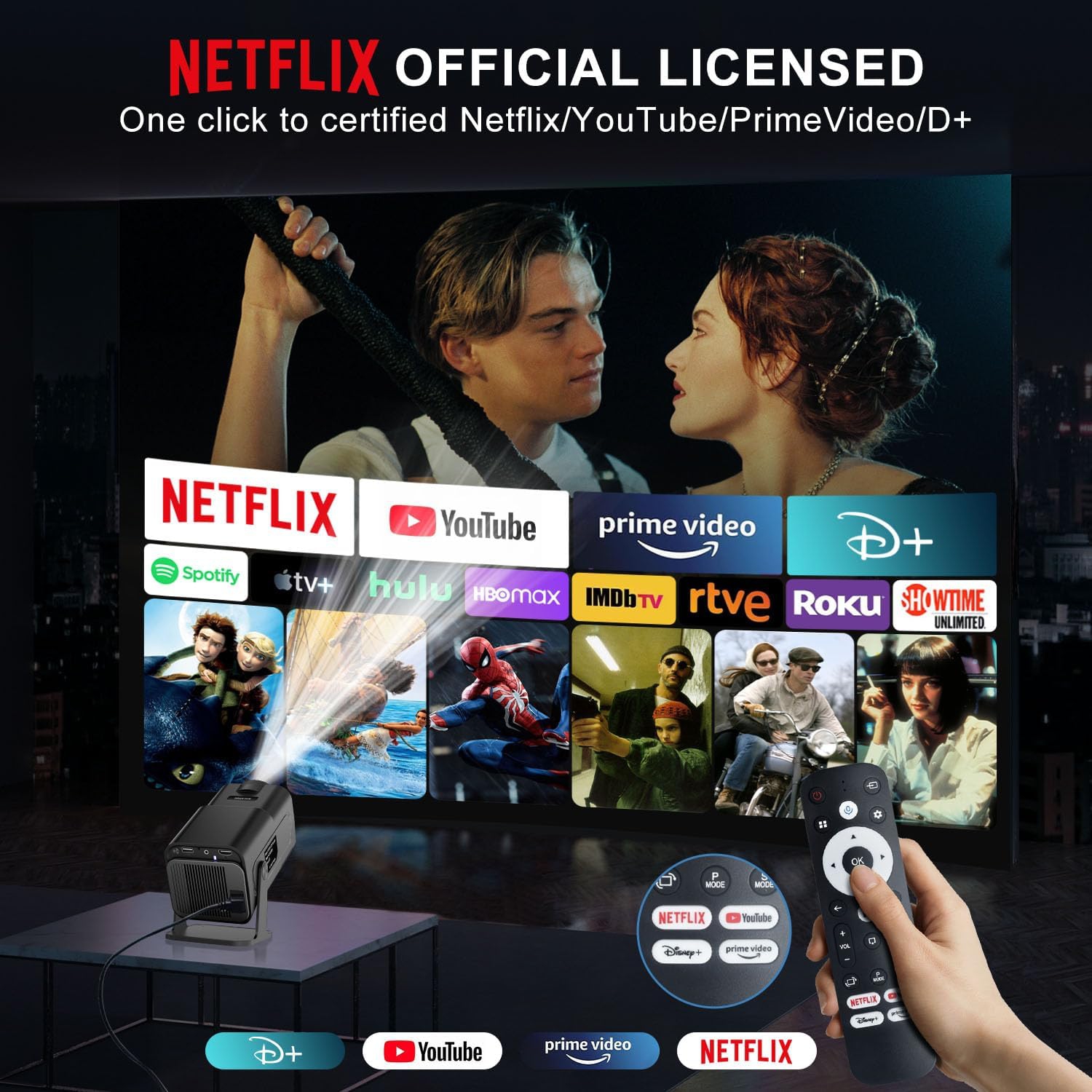 GoodLuck Tech 4K Smart Projector: Android 13, WiFi, Bluetooth, Auto Keystone, Built-in Apps, 1080P Mini Portable