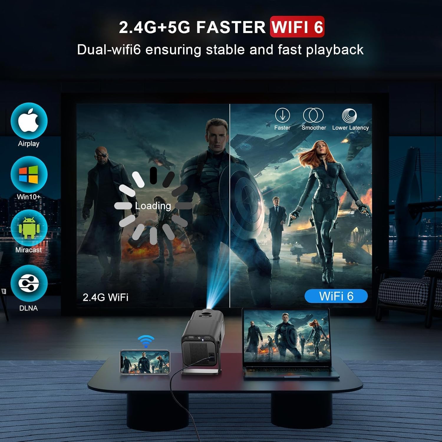 GoodLuck Tech 4K Smart Projector: Android 13, WiFi, Bluetooth, Auto Keystone, Built-in Apps, 1080P Mini Portable