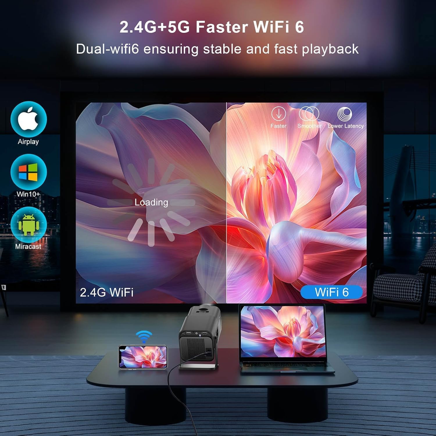 Projecteur intelligent 4K à courte focale : 1080P, Android 11, Wi-Fi, Bluetooth, correction automatique de la distorsion trapézoïdale Mini films