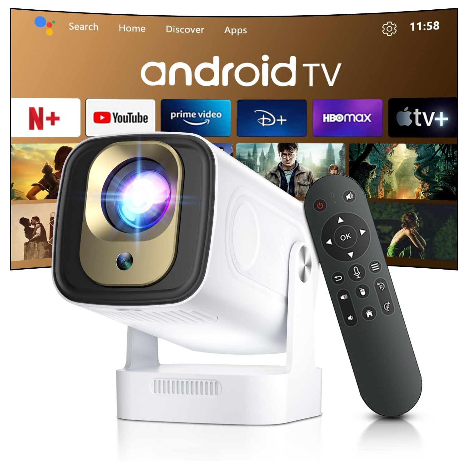 GoodLuck TechSmart Short Throw Projector: Auto Focus & Keystone, WiFi/Bluetooth 5.4, Android 11, Built-in Apps, Native 1080P 4K Support, Mini Portable