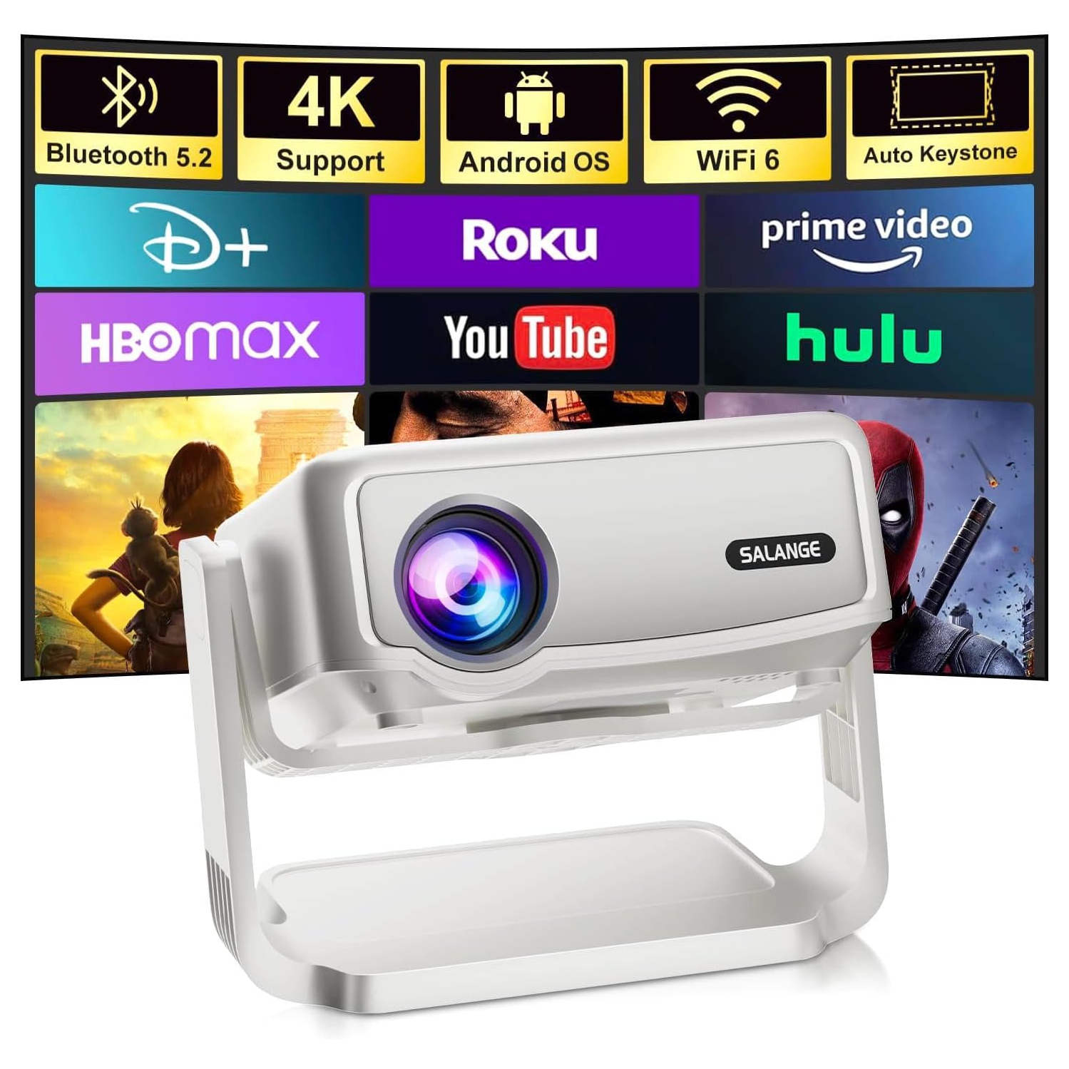 GoodLuck Tech Smart Android Projector w/Built-in Apps: Electric Focus, Auto Keystone, WiFi/Bluetooth, 360° Tilt, iPhone/TV Stick Compatible, Mini