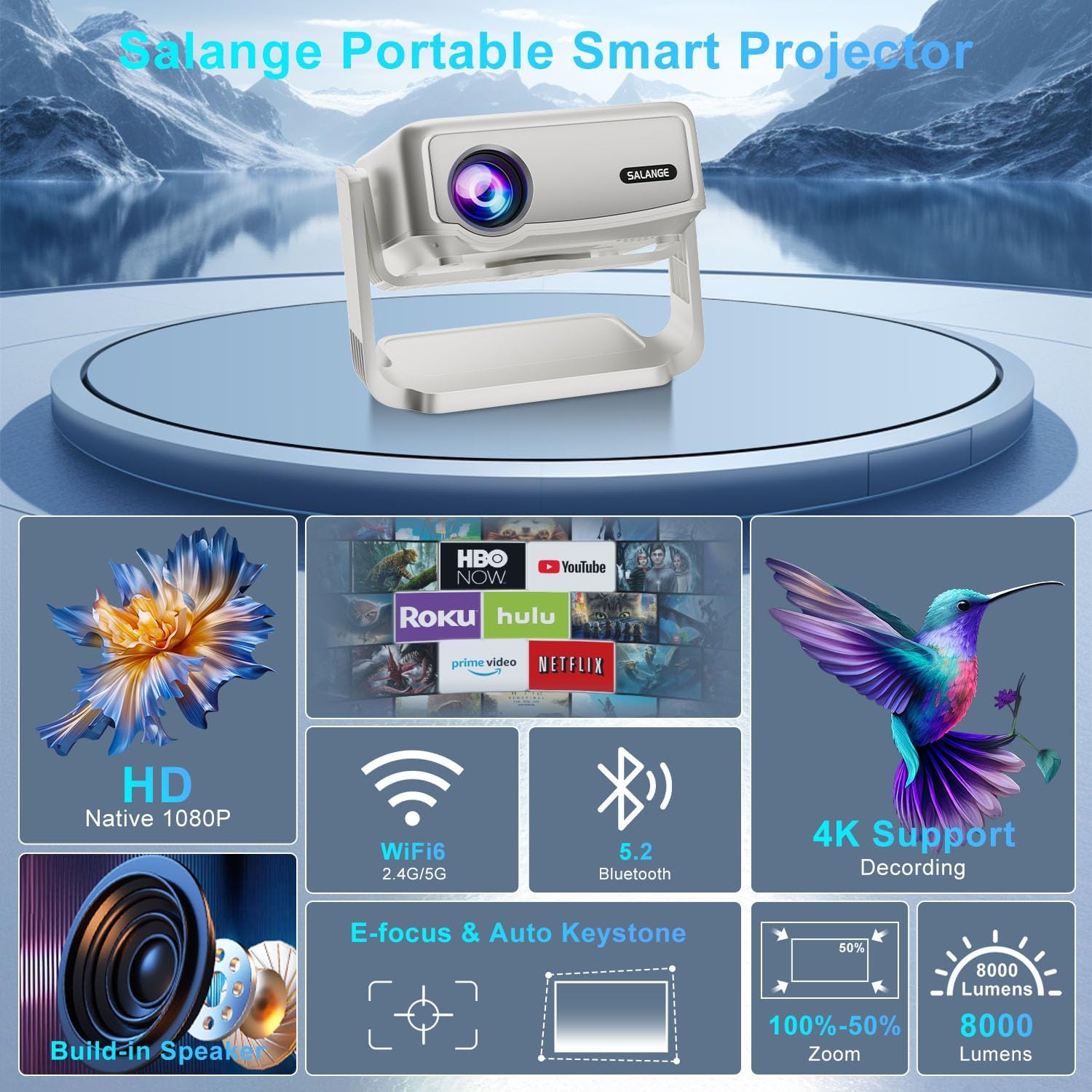 GoodLuck Tech Smart Android Projector w/Built-in Apps: Electric Focus, Auto Keystone, WiFi/Bluetooth, 360° Tilt, iPhone/TV Stick Compatible, Mini