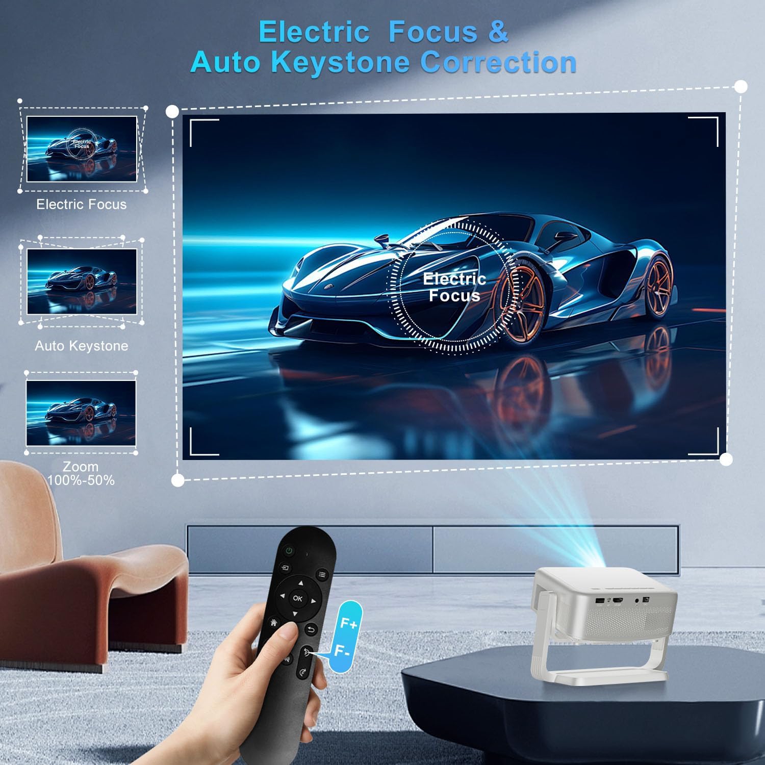 GoodLuck Tech Smart Android Projector w/Built-in Apps: Electric Focus, Auto Keystone, WiFi/Bluetooth, 360° Tilt, iPhone/TV Stick Compatible, Mini