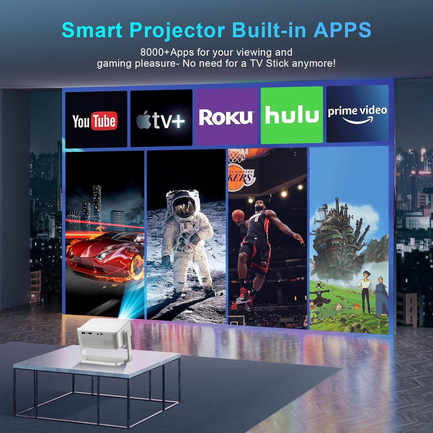 GoodLuck Tech Smart Android Projector w/Built-in Apps: Electric Focus, Auto Keystone, WiFi/Bluetooth, 360° Tilt, iPhone/TV Stick Compatible, Mini
