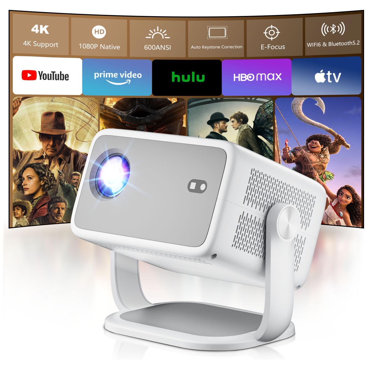 GoodLuck Tech 2025 Smart Projector: Native 1080P & 4K, 600 ANSI Lumens, Android/WiFi/Bluetooth, Elec Focus & Auto Keystone, TV Stick Compatible -