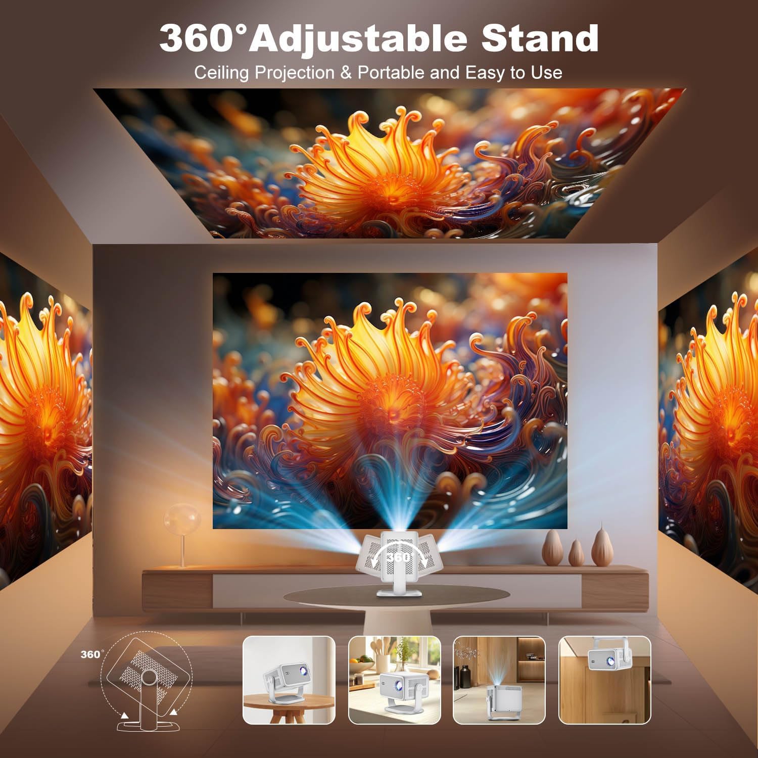 GoodLuck Tech 2025 Smart Projector: Native 1080P & 4K, 600 ANSI Lumens, Android/WiFi/Bluetooth, Elec Focus & Auto Keystone, TV Stick Compatible -