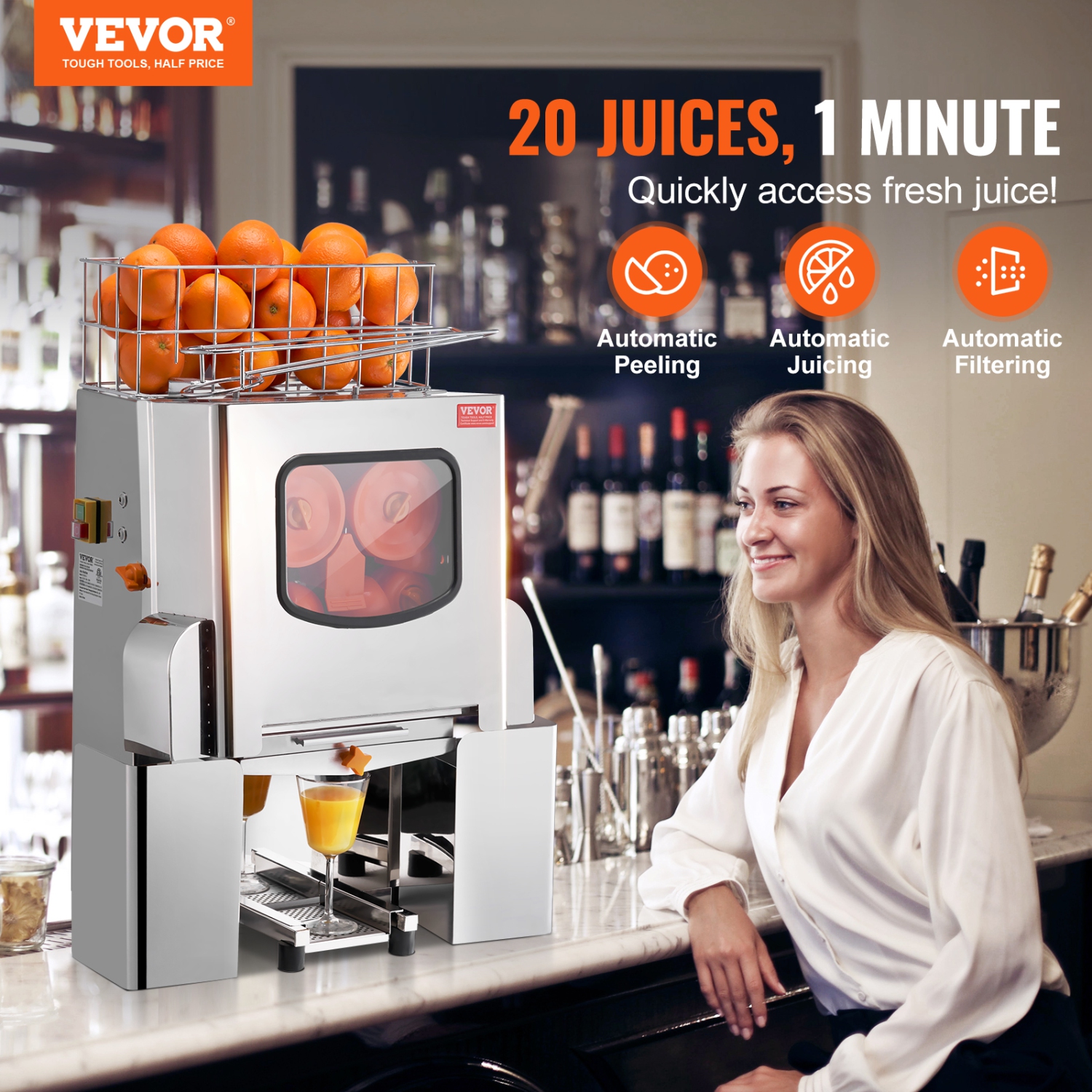 VEVOR 120W Commercial Orange Juicer Machine, Automatic Juice Extractor, Stainless Steel Orange Squeezer 20 Oranges/Minute, with Pull-Out Filter Box,