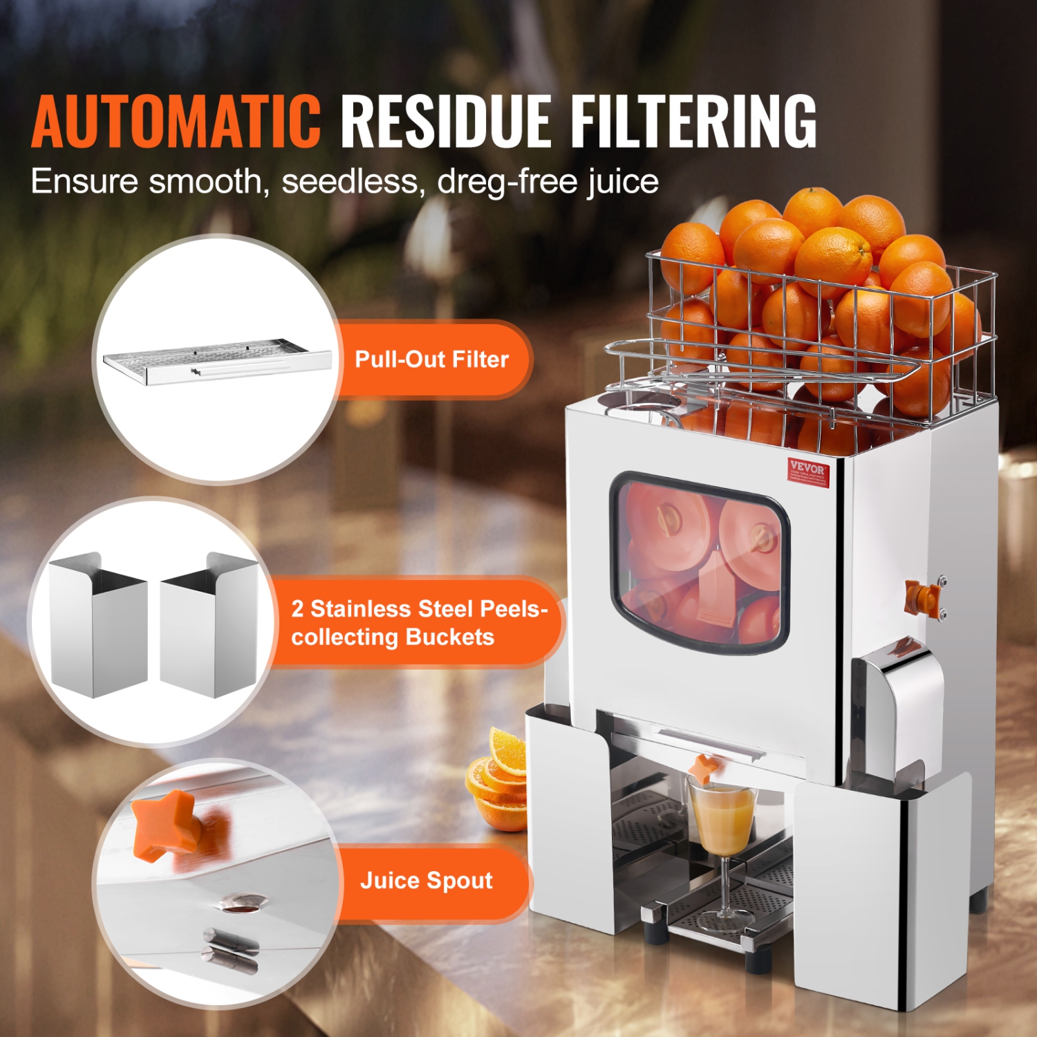 VEVOR 120W Commercial Orange Juicer Machine, Automatic Juice Extractor, Stainless Steel Orange Squeezer 20 Oranges/Minute, with Pull-Out Filter Box,