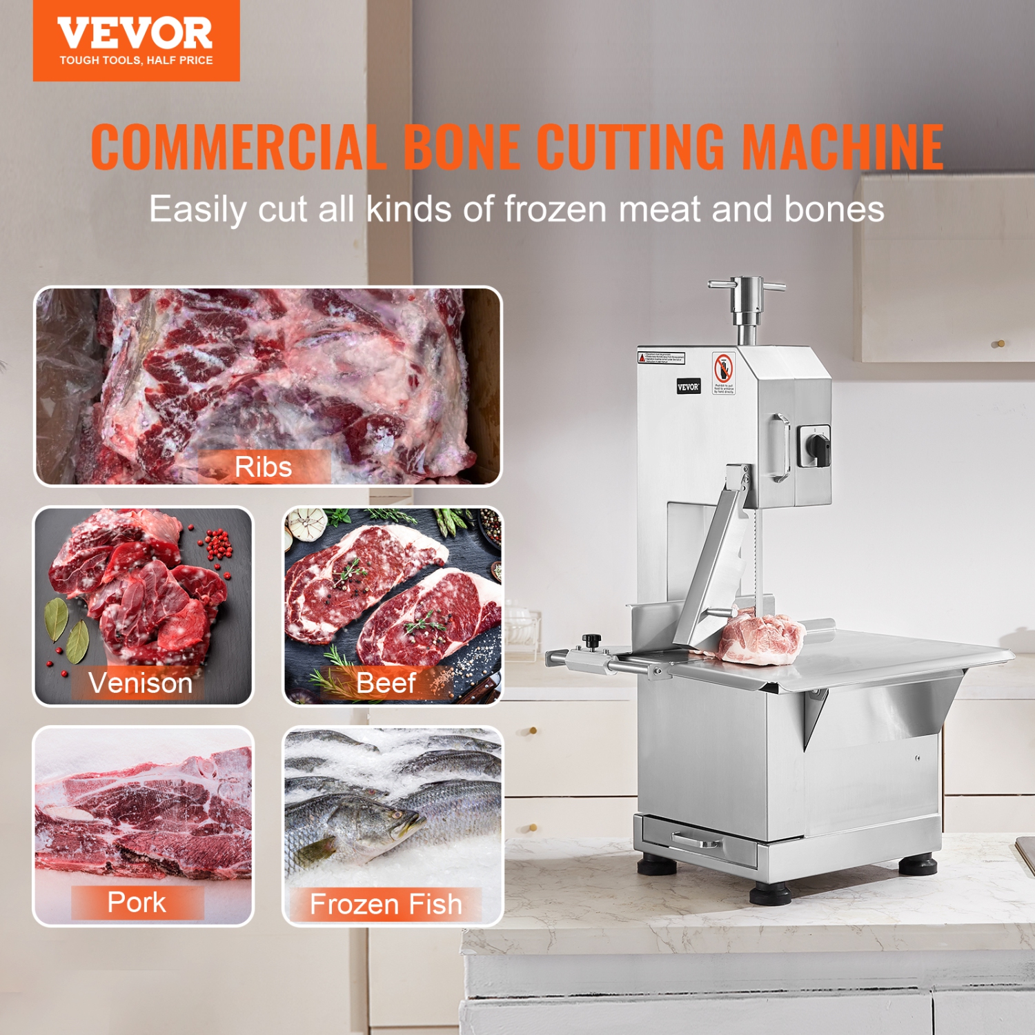 VEVOR 2200W Commercial Electric Meat Bandsaw, Stainless Steel Countertop Bone Sawing Machine, Workbeach 18.5" x 20.9", 0-7.1 Inch Cutting