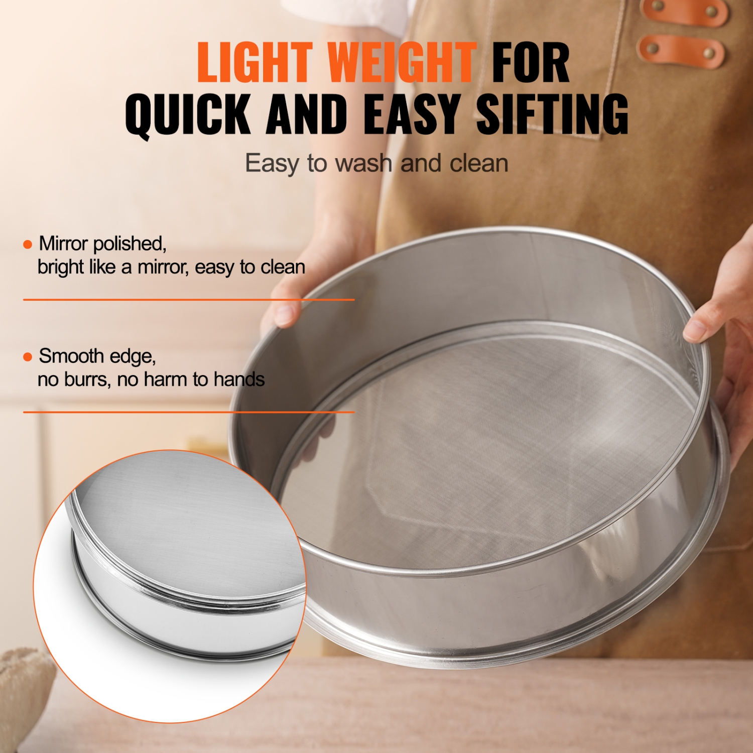 VEVOR 80 Mesh Flour Sieve Fine Mesh, Flour Sifter, 304 Stainless Steel Fine Mesh Sifter Food-grade, Dia. 12.6" Fine Mesh Strainers for Baking, 5