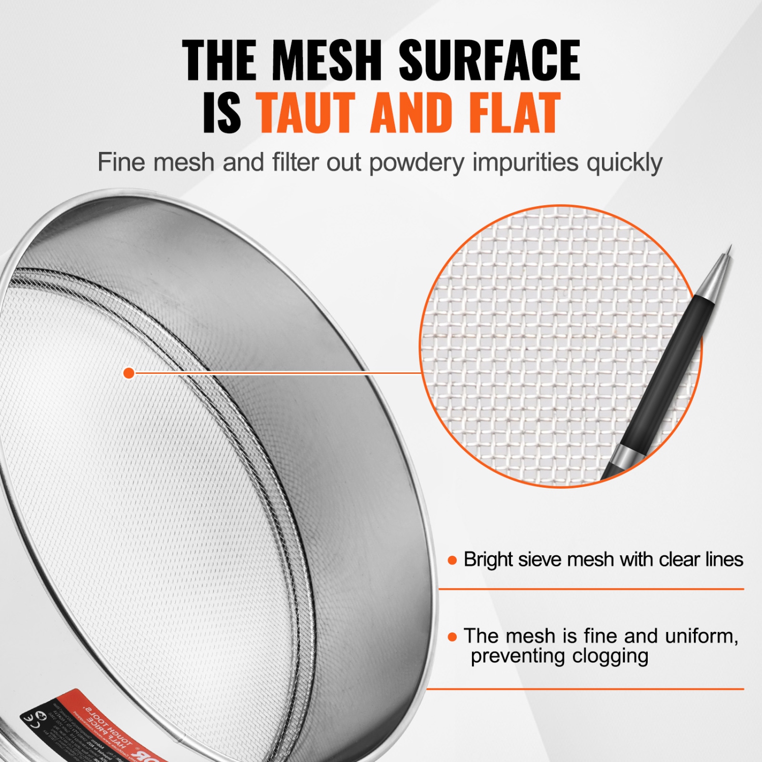 VEVOR 10 Mesh Flour Sieve Fine Mesh, Flour Sifter, 304 Stainless Steel Fine Mesh Sifter Food-grade, Dia. 12.6" Fine Mesh Strainers for Baking, 5