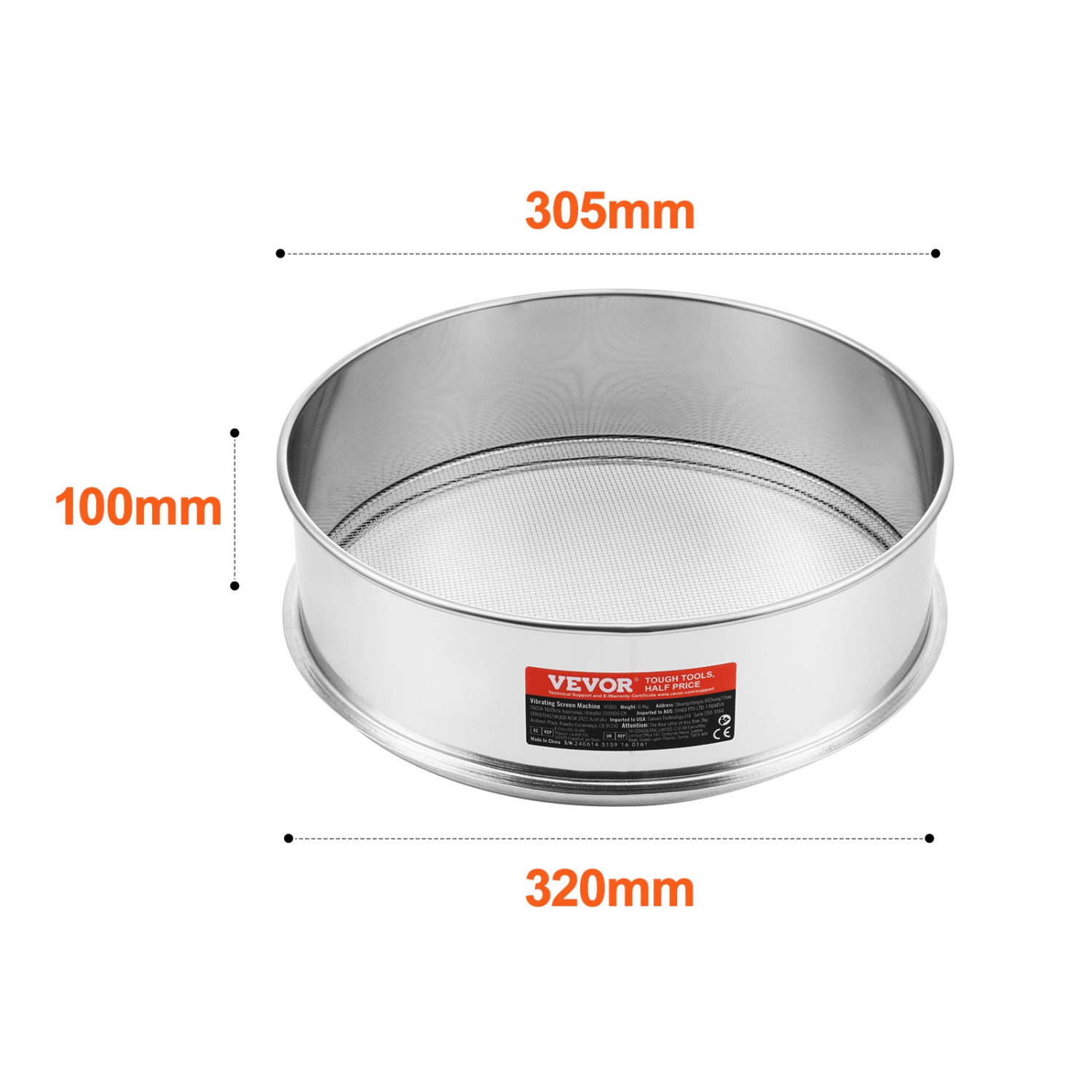 VEVOR 10 Mesh Flour Sieve Fine Mesh, Flour Sifter, 304 Stainless Steel Fine Mesh Sifter Food-grade, Dia. 12.6" Fine Mesh Strainers for Baking, 5