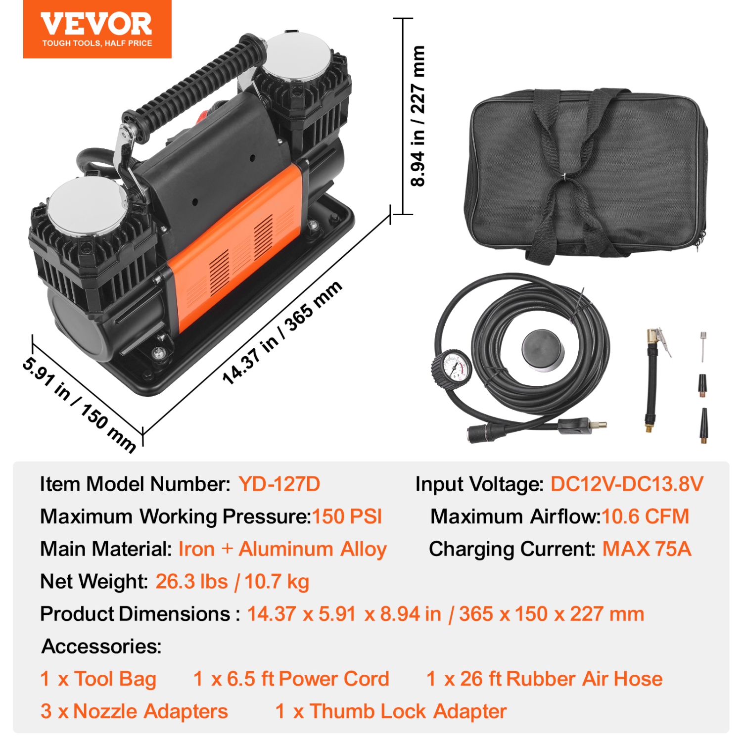 VEVOR 10.6 CFM Heavy Duty Air Compressor, 30s Fast Inflation | Dual-Cylinder Portable Tire Inflator, 12V 150PSI Offroad Air Pump with Adapters for