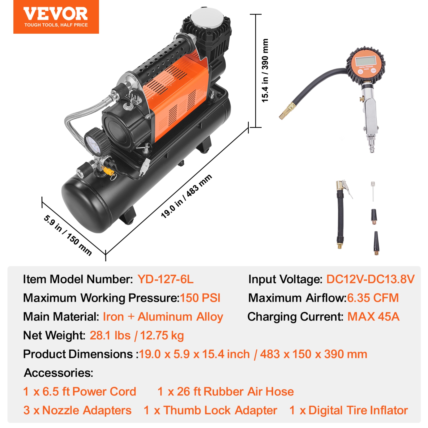 VEVOR 12V Heavy Duty Air Compressor with 6L Tank Kit, 6.35 CFM Portable Tire Inflator, 150PSI Offroad Air Compressor with Digital Pressure Gauge Tire