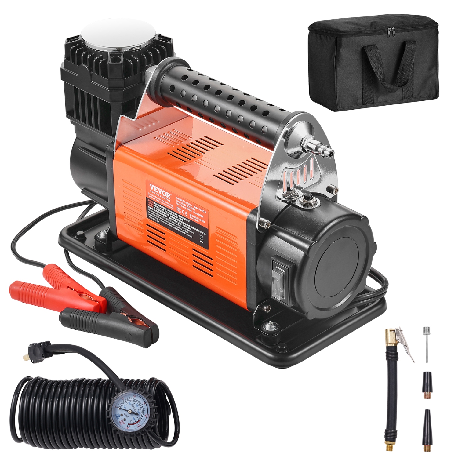 VEVOR 12V Portable Tire Inflator, 7.06CFM Heavy Duty Air Compressor, 150PSI Offroad Air Pump with Adapters - Include 6.5FT Power Cord, 26FT Air Hose