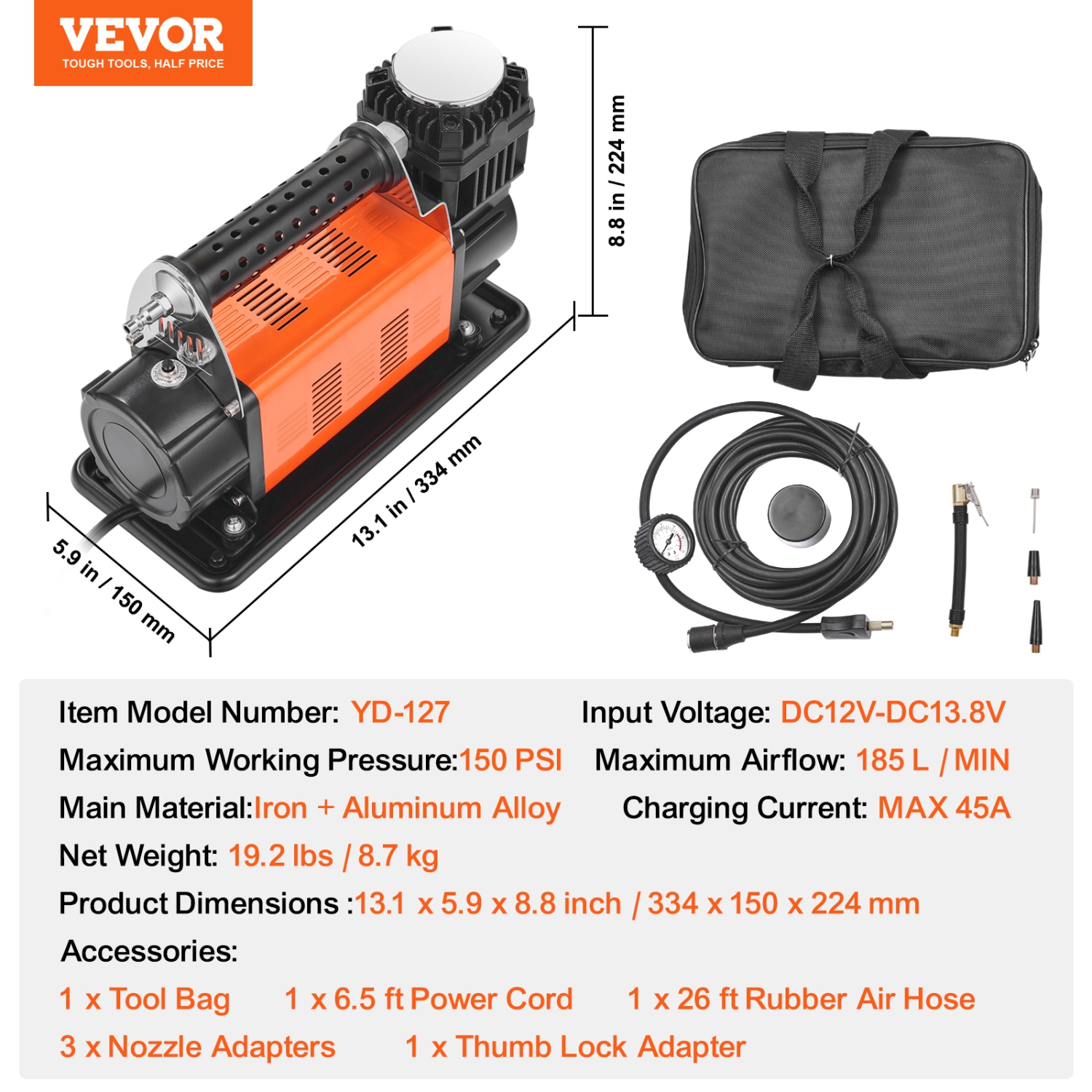 VEVOR 12V Portable Tire Inflator, 7.06CFM Heavy Duty Air Compressor, 150PSI Offroad Air Pump with Adapters - Include 6.5FT Power Cord, 26FT Air Hose