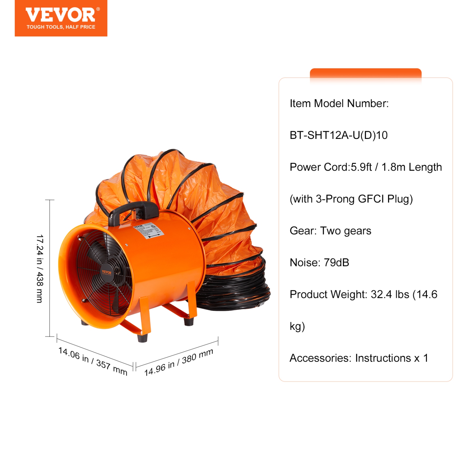 VEVOR 12 inch Portable Ventilator, Heavy Duty Cylinder Fan with 33ft Duct Hose, 560W Strong Shop Exhaust Blower 2894CFM, Industrial Utility Blower