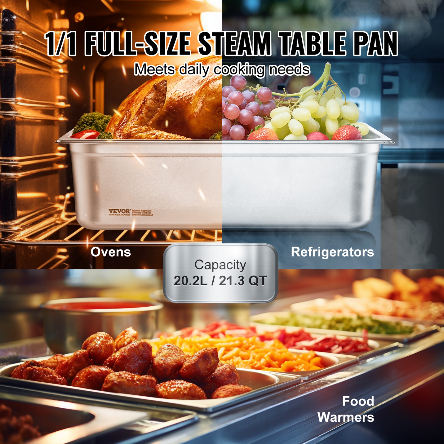 VEVOR 6 Pack Hotel Pans, Full Size Anti-Jam Steam Pan, 0.8mm Thick Stainless Steel Pan, 6-Inch Deep Commercial Table Pan, Catering Storage Food Pan,