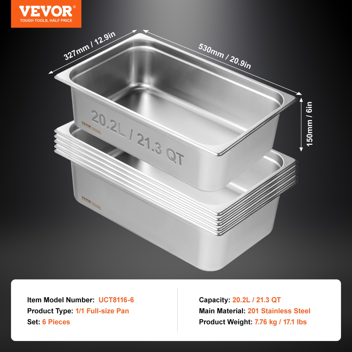 VEVOR 6 Pack Hotel Pans, Full Size Anti-Jam Steam Pan, 0.8mm Thick Stainless Steel Pan, 6-Inch Deep Commercial Table Pan, Catering Storage Food Pan,
