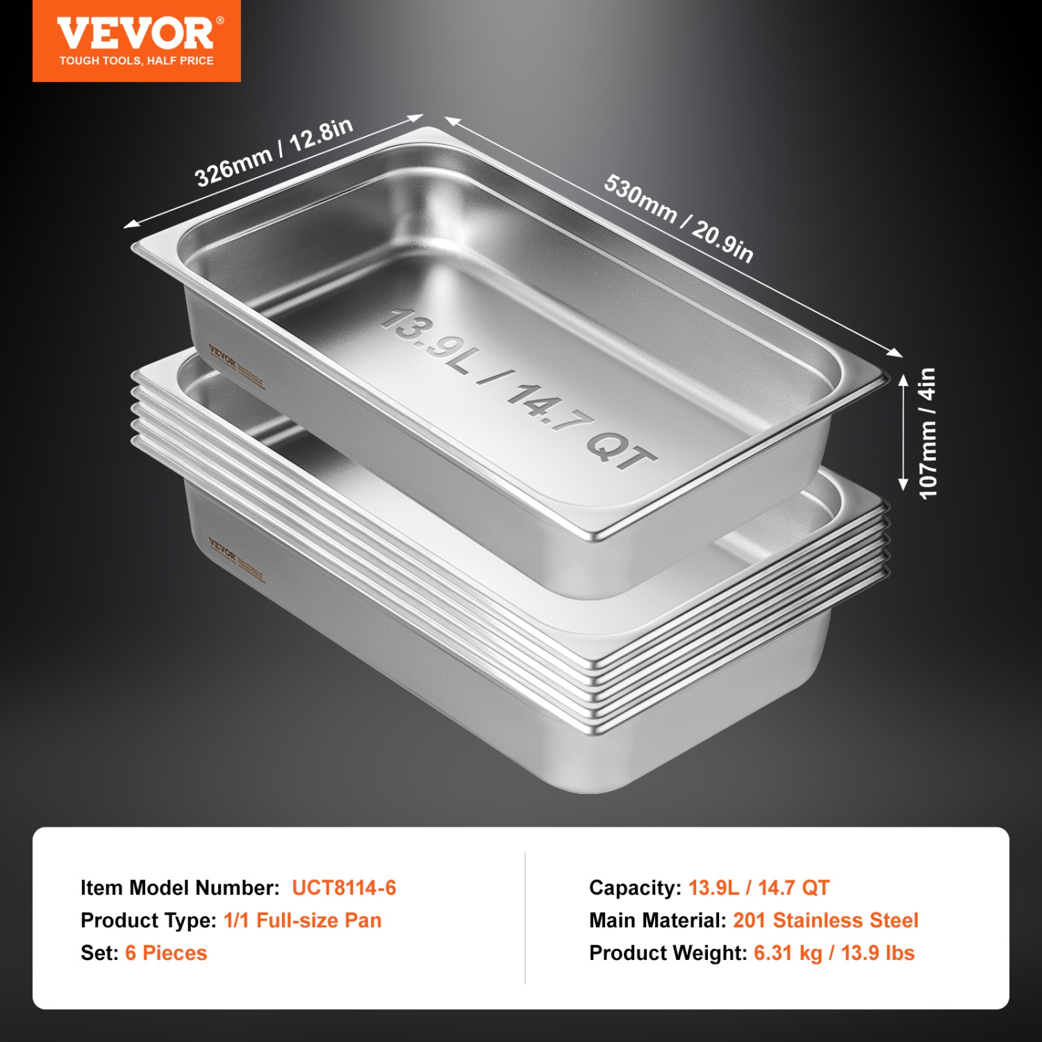 VEVOR 6 Pack Hotel Pans, Full Size Anti-Jam Steam Pan, 0.8mm Thick Stainless Steel Pan, 4-Inch Deep Commercial Table Pan, Catering Storage Food Pan,