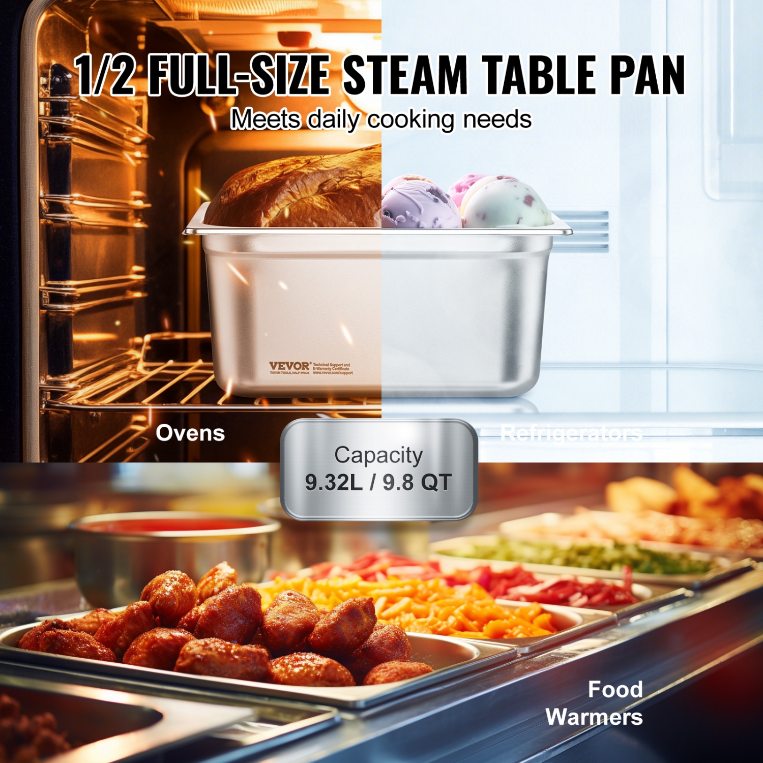 VEVOR 6 Pack Hotel Pans, 1/2 Size Anti-Jam Steam Pan, 0.8mm Thick Stainless Steel Pan, 6-Inch Deep Commercial Table Pan, Catering Storage Food Pan,