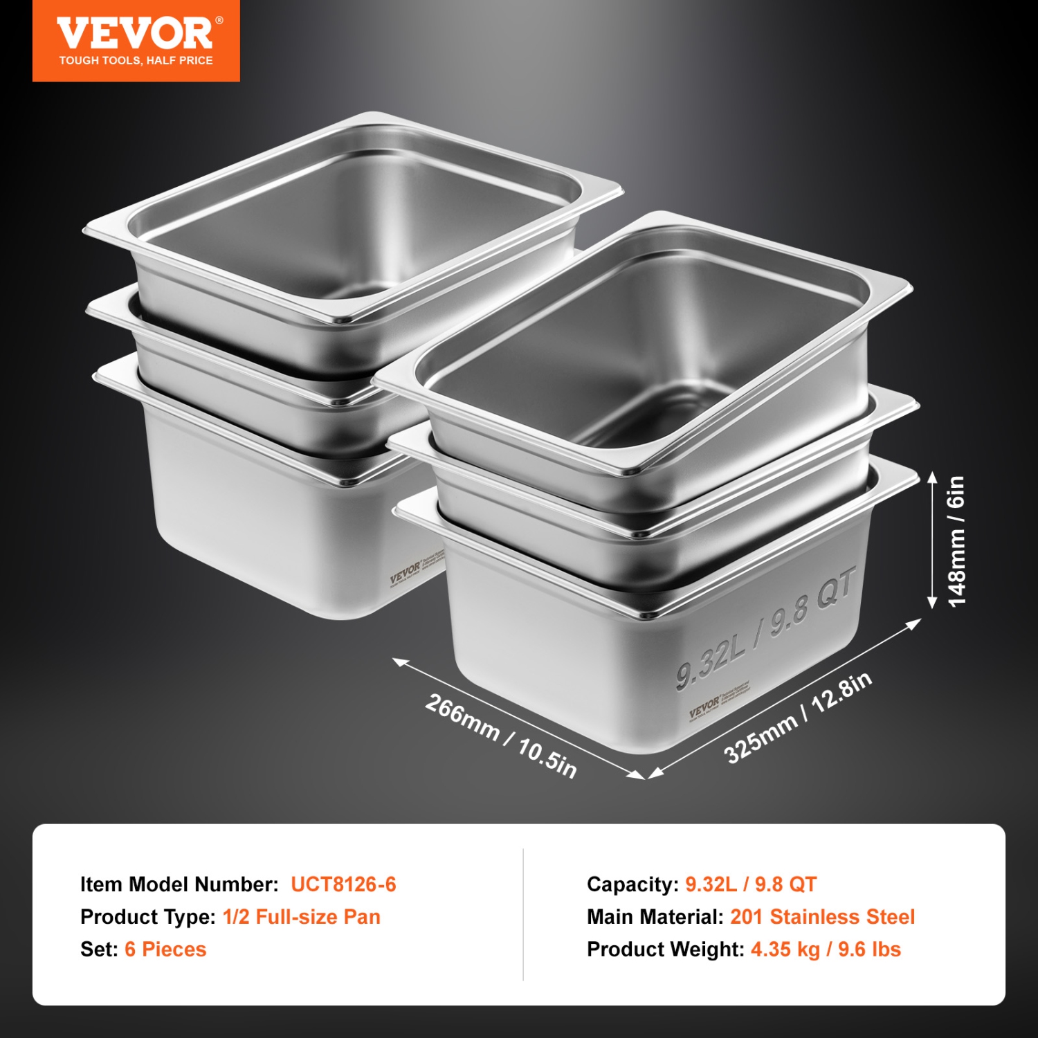 VEVOR 6 Pack Hotel Pans, 1/2 Size Anti-Jam Steam Pan, 0.8mm Thick Stainless Steel Pan, 6-Inch Deep Commercial Table Pan, Catering Storage Food Pan,