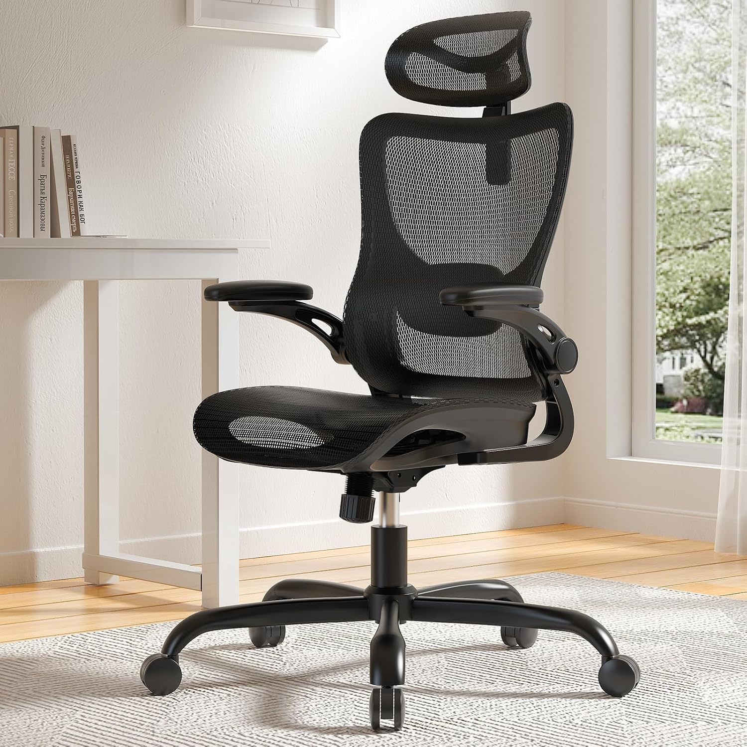 HUANUO Ergonomic High Back Office Chair with Adjustable Lumbar Support & Headrest, Mesh Swivel Desk Chair with Flip-Up Armrests and Wheels for Home &