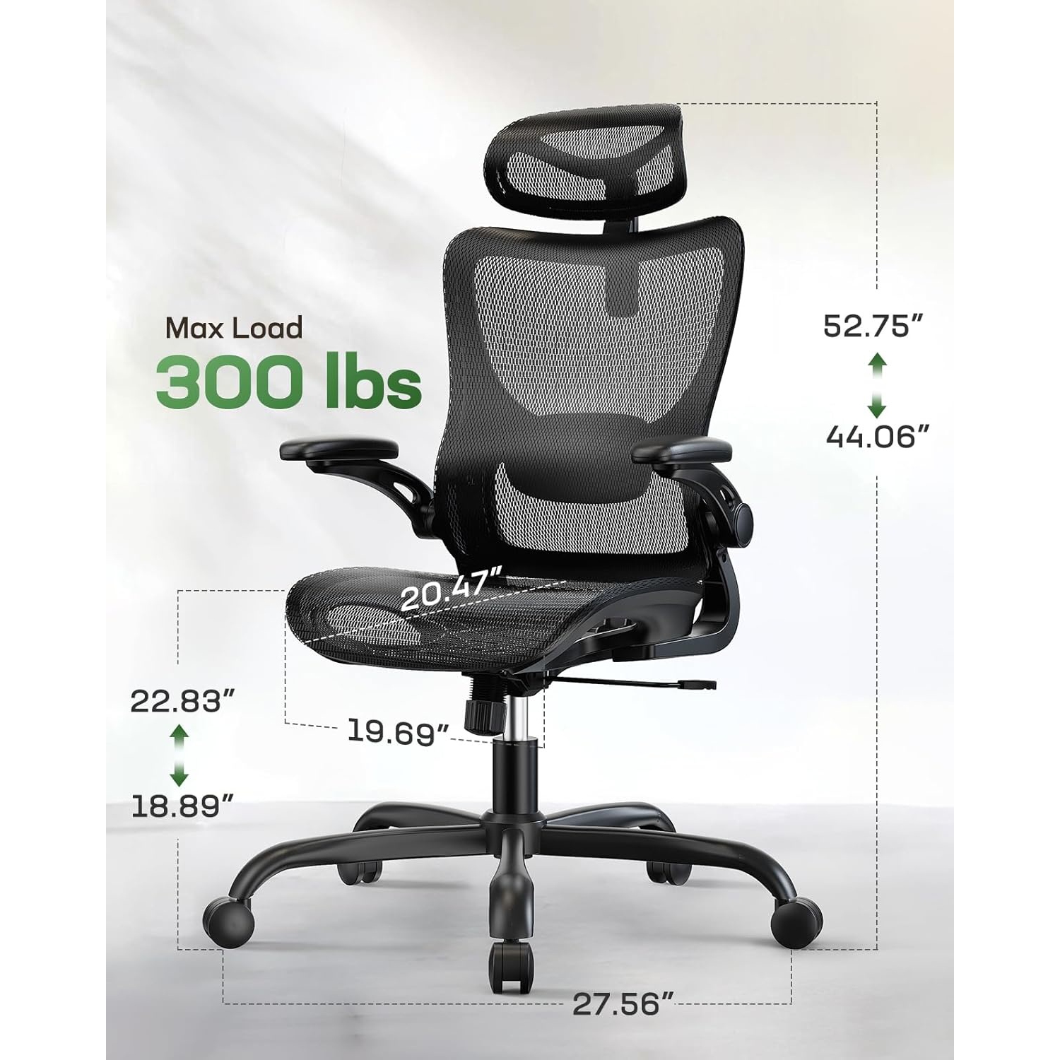 HUANUO Ergonomic High Back Office Chair with Adjustable Lumbar Support & Headrest, Mesh Swivel Desk Chair with Flip-Up Armrests and Wheels for Home &