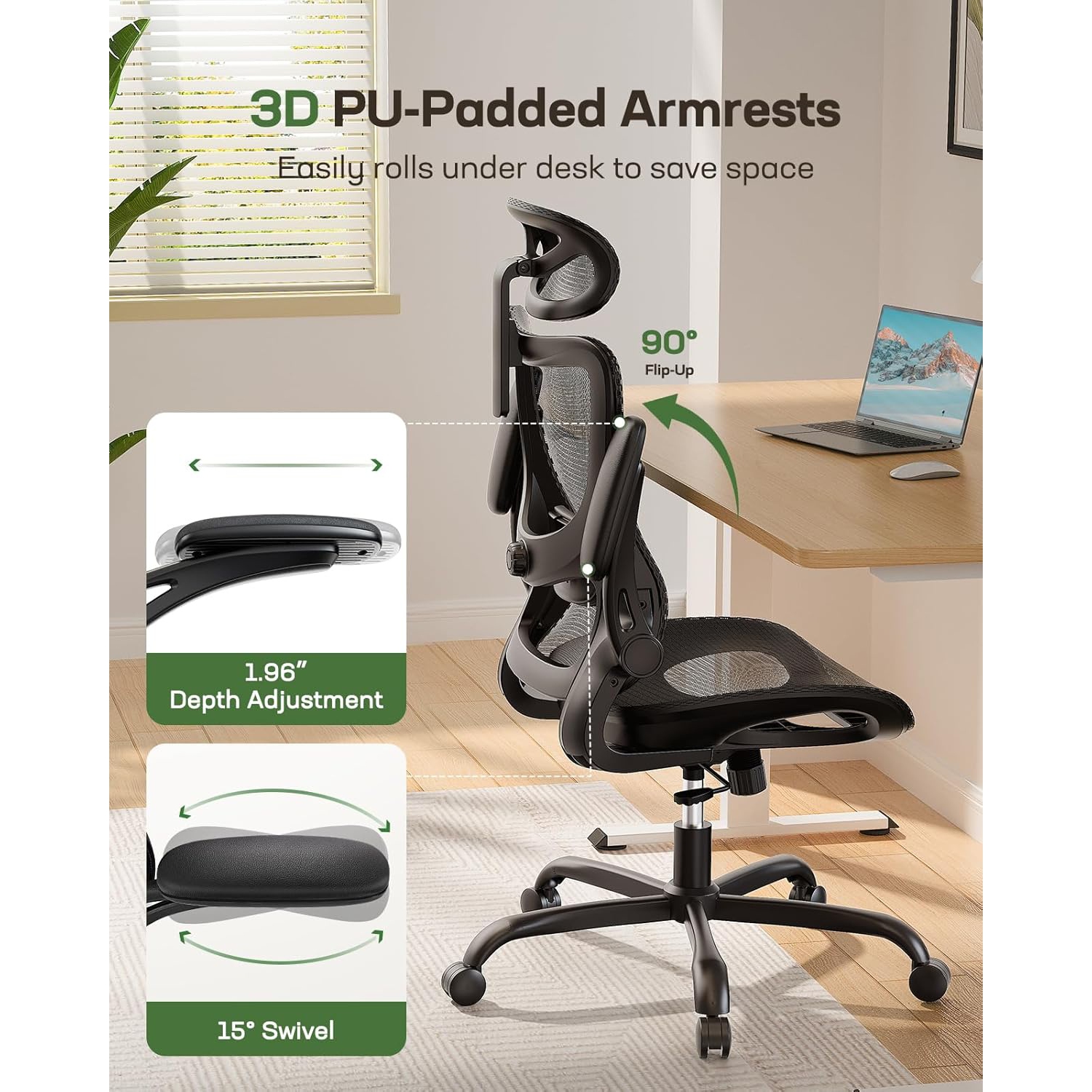 HUANUO Ergonomic High Back Office Chair with Adjustable Lumbar Support & Headrest, Mesh Swivel Desk Chair with Flip-Up Armrests and Wheels for Home &