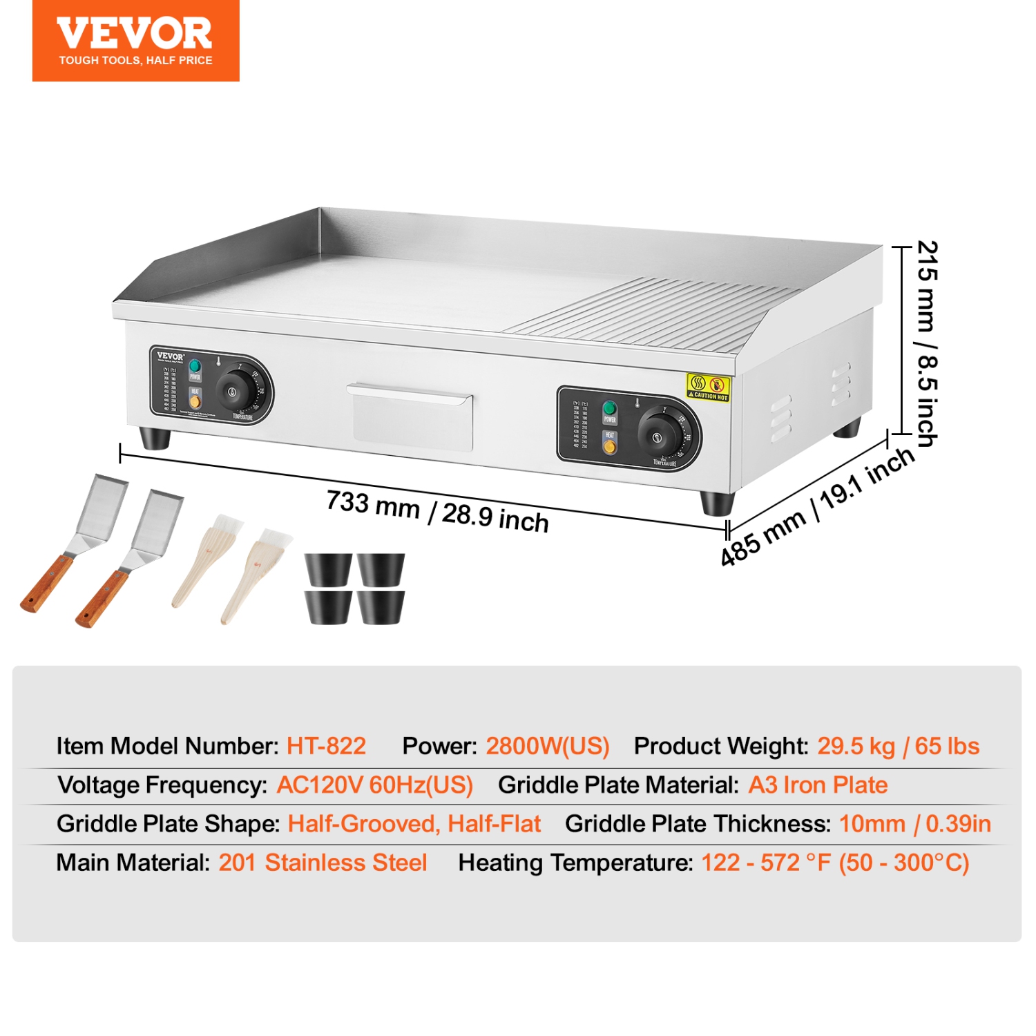 VEVOR 2800W Commercial Electric Griddle, Countertop Half-Flat Top Grill, 122℉-572℉ Adjustable Temp, 28.74x15.75x0.39in Stainless Steel Griddle Grill