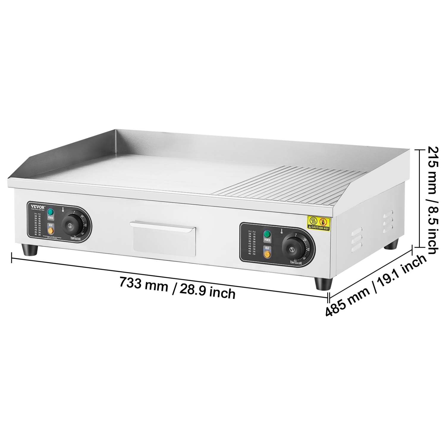 VEVOR 2800W Commercial Electric Griddle, Countertop Half-Flat Top Grill, 122℉-572℉ Adjustable Temp, 28.74x15.75x0.39in Stainless Steel Griddle Grill
