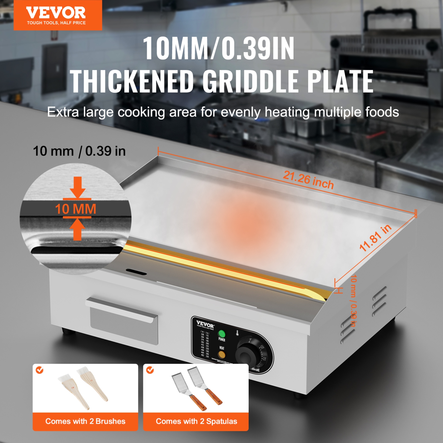 VEVOR 3200W Commercial Electric Griddle, Countertop Flat Top Grill, 122℉-572 ℉ Adjustable Temp, 21.26 x 11.81 x 0.39in Stainless Steel Griddle Grill