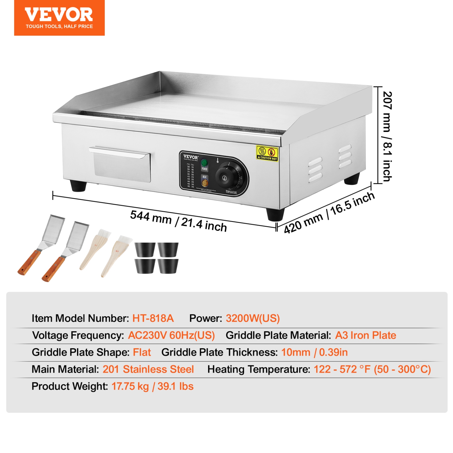 VEVOR 3200W Commercial Electric Griddle, Countertop Flat Top Grill, 122℉-572 ℉ Adjustable Temp, 21.26 x 11.81 x 0.39in Stainless Steel Griddle Grill