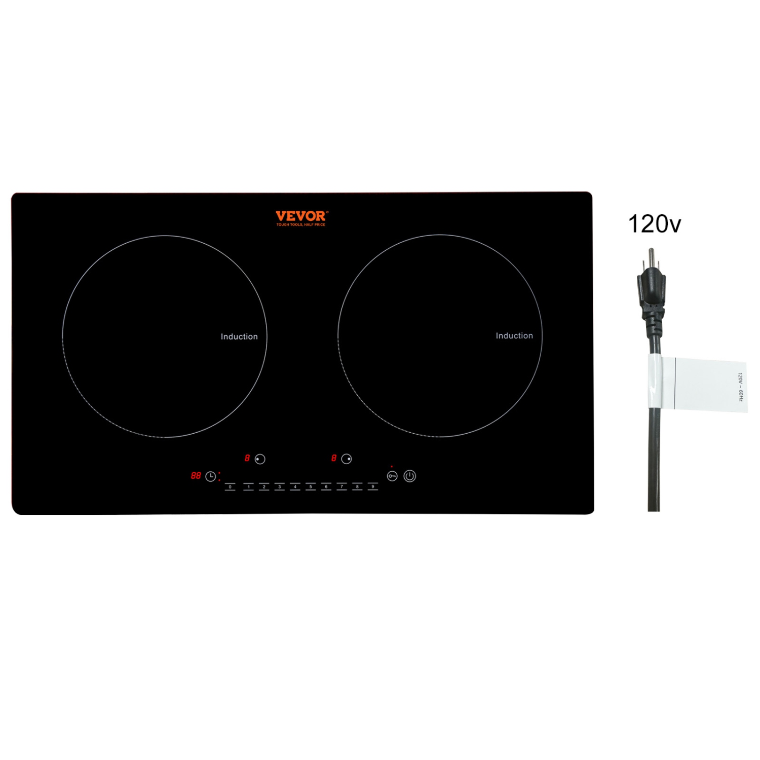 VEVOR 24'' Electric Cooktop, 2 Burners, Induction Stove Top,Built-in Magnetic Cooktop 1800W,9 Heating Level Multifunctional Burner,LED Touch Screen