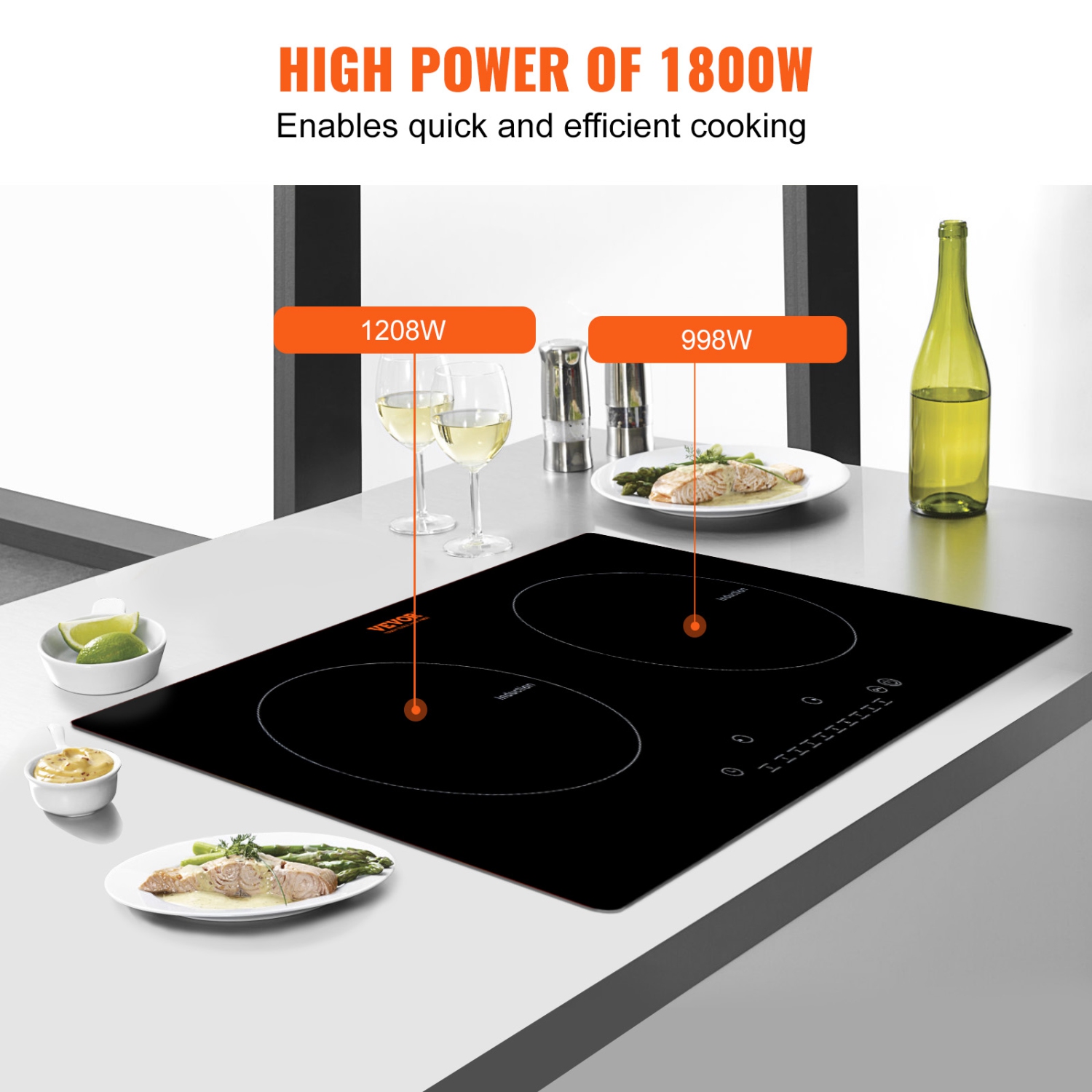 VEVOR 24'' Electric Cooktop, 2 Burners, Induction Stove Top,Built-in Magnetic Cooktop 1800W,9 Heating Level Multifunctional Burner,LED Touch Screen