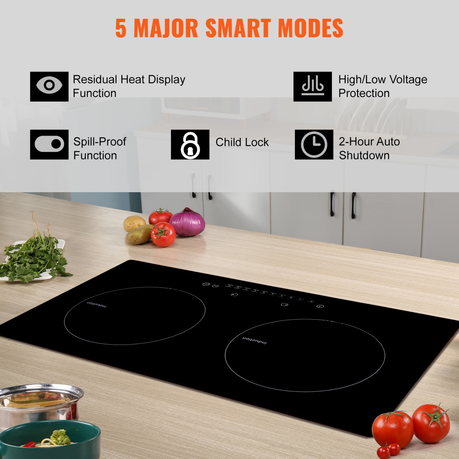 VEVOR 24'' Electric Cooktop, 2 Burners, Induction Stove Top,Built-in Magnetic Cooktop 1800W,9 Heating Level Multifunctional Burner,LED Touch Screen