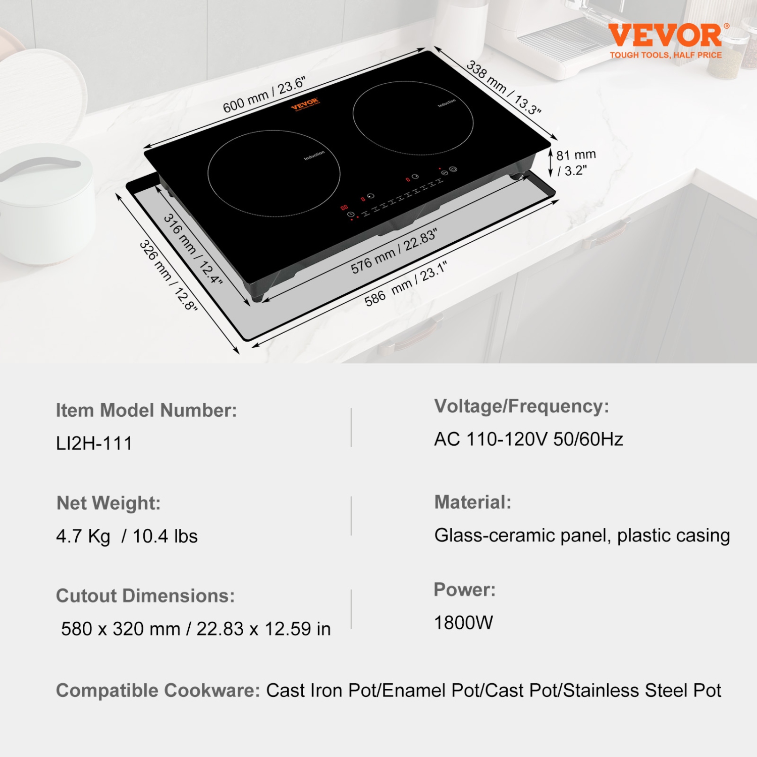 VEVOR 24'' Electric Cooktop, 2 Burners, Induction Stove Top,Built-in Magnetic Cooktop 1800W,9 Heating Level Multifunctional Burner,LED Touch Screen
