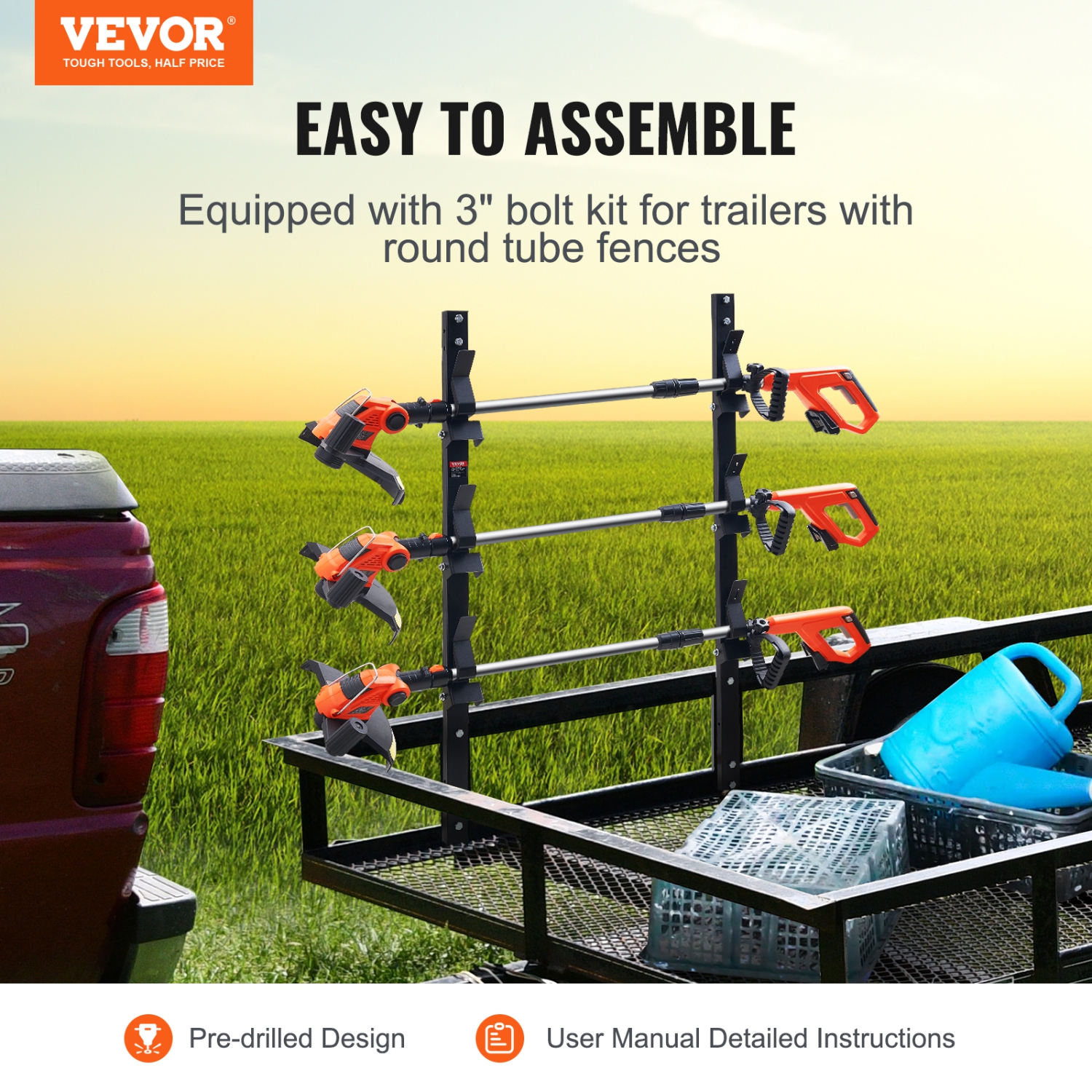 VEVOR 3 Place Trimmer Rack, Weeder Trimmer Rack, Trim Holder Trailer Rack with Zinc Alloy Password Lock, Wall-mounted or Mount on Enclosed Trailer