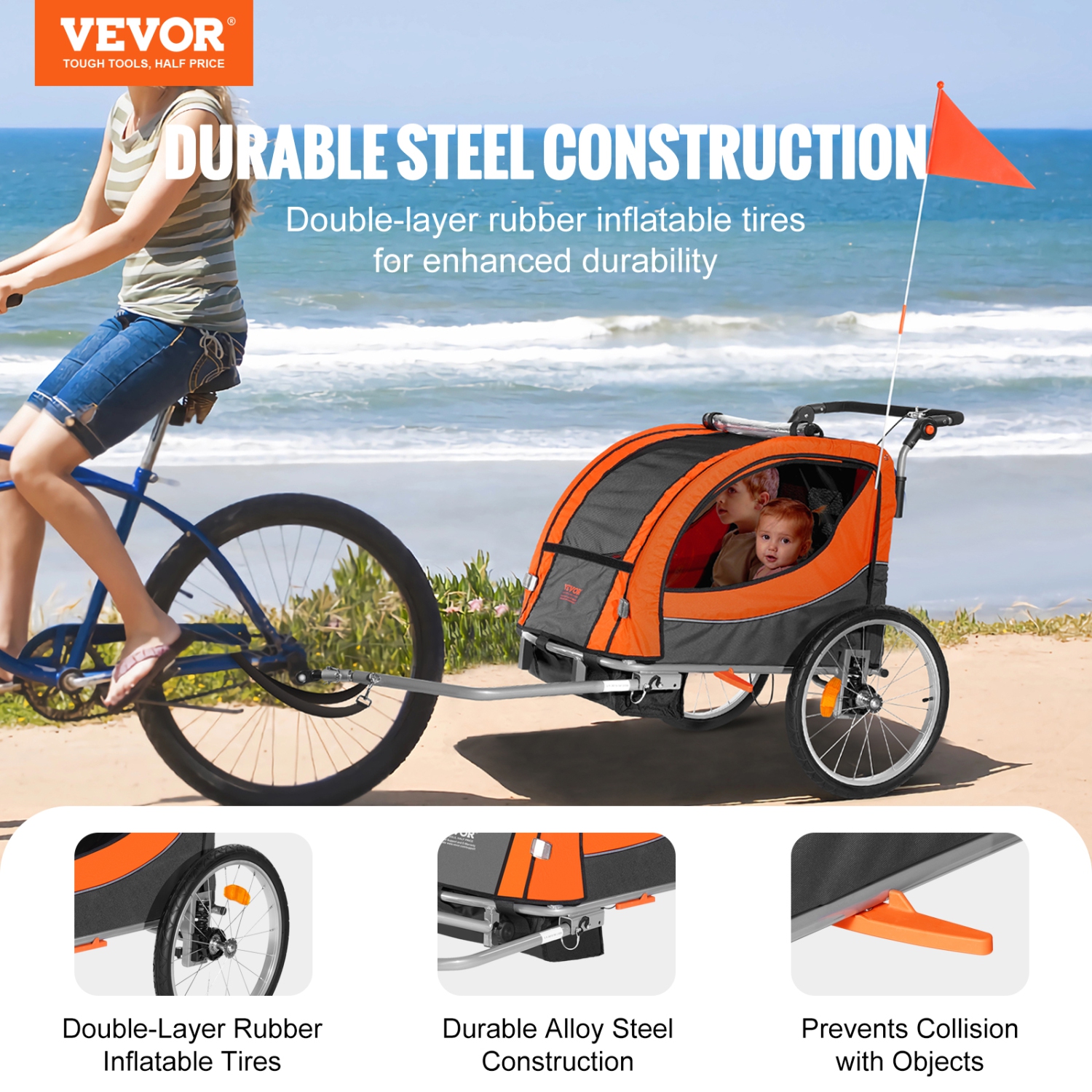 VEVOR 100 lbs Load Bike Trailer for Toddlers, Kids, Double Seat, 2-In-1 Canopy Carrier Converts to Stroller, Tow Behind Foldable Child Bicycle