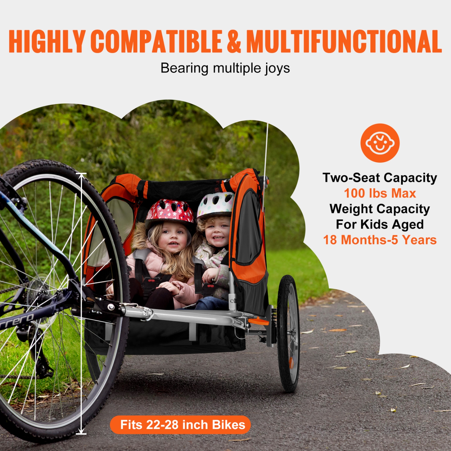 VEVOR 100 lbs Load Bike Trailer for Toddlers, Kids, Double Seat, 2-In-1 Canopy Carrier Converts to Stroller, Tow Behind Foldable Child Bicycle